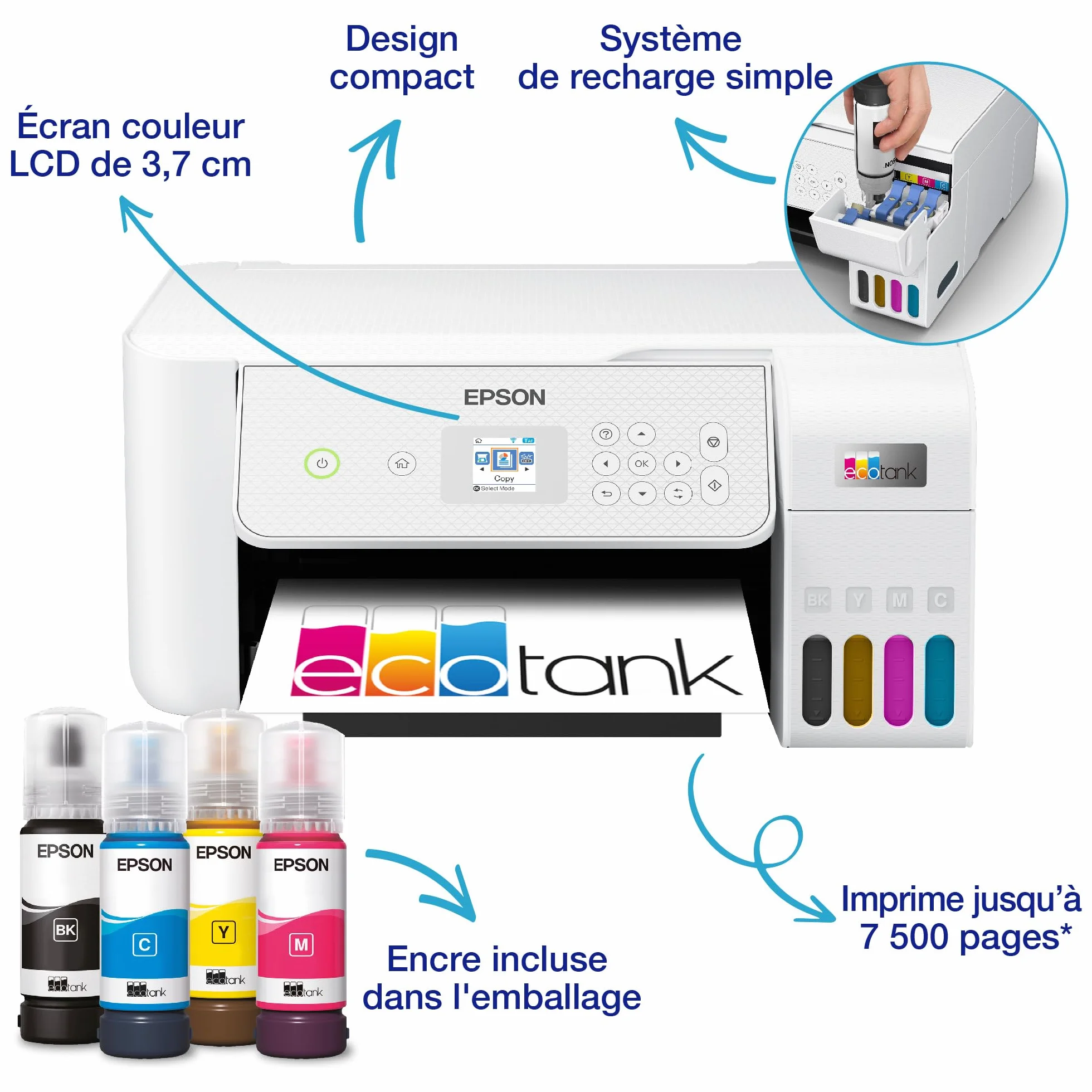 Epson EcoTank ET-2876 Imprimante A4 Wi-Fi Réservoir d'encre Copie Numérisation Écran LCD 3,7cm