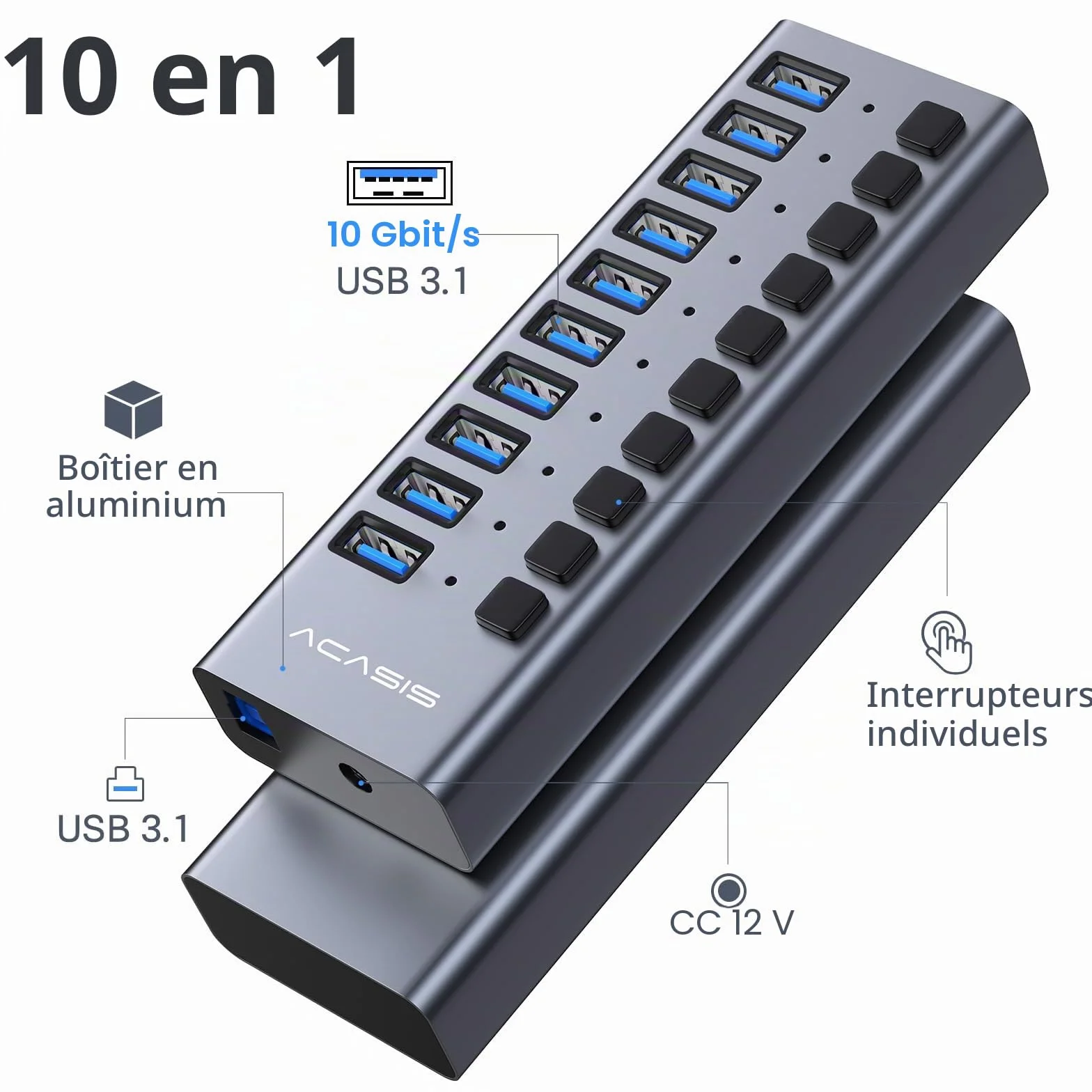 ACASIS Hub USB 3.2 10 Ports, 10Gbps avec Interrupteurs Individuels, 48W Alimentation