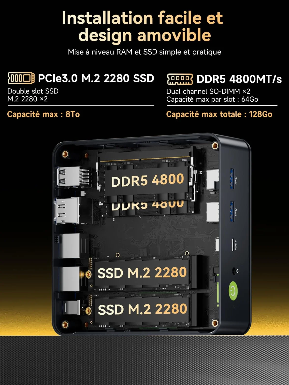 GMKtec Mini PC Ryzen 5 7640HS AMD Radeon 760M 16Go DDR5 512Go PCIe3.0 SSD Double LAN 2.5G WiFi 6E Triple Affichage 4K USB 4.0