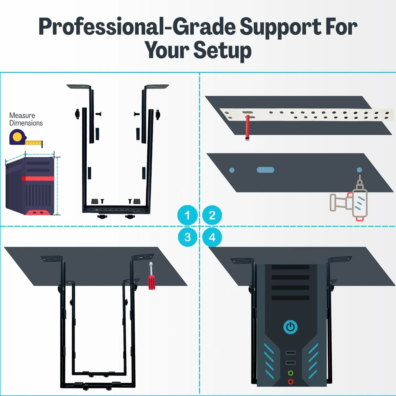 Support PC sous Bureau Réglable 40 kg, Fixation Unité Centrale Verticale Horizontale