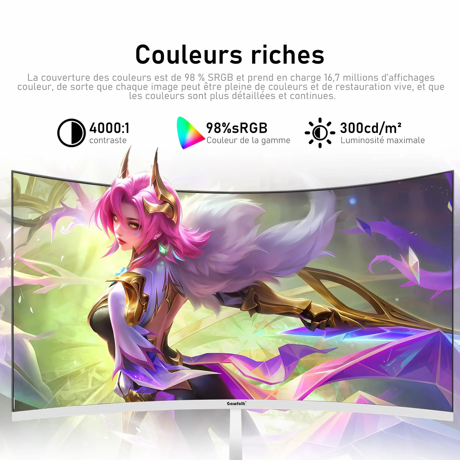 Gawfolk Écran PC 27 Pouces incurvé 280Hz Gaming Moniteur, 1800R, 1ms, FHD 1080p, HDMI, DisplayPort, 100x100mm Blanc