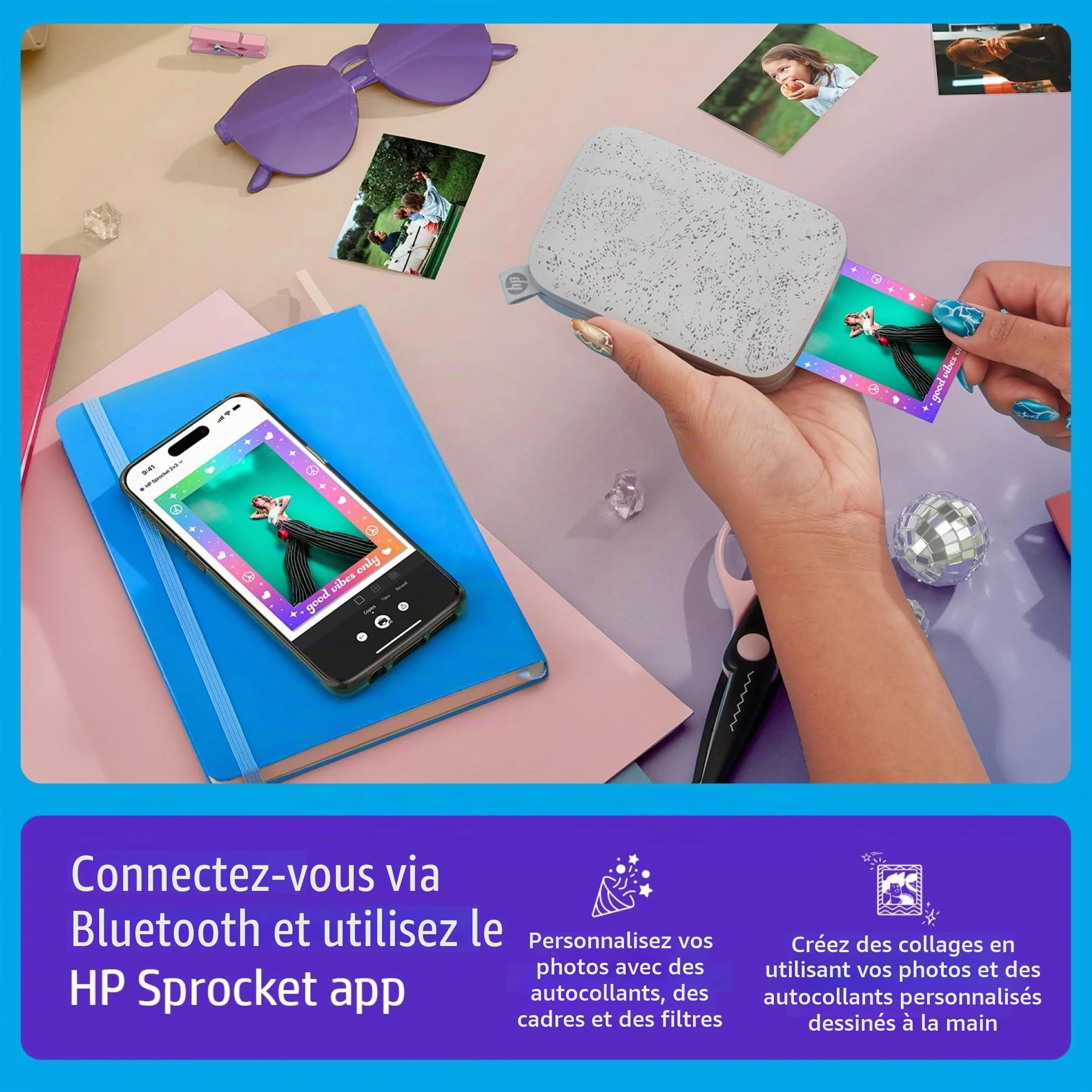 HP Sprocket Imprimante Photo Instantanée Portable sans Fil Papier Zink Autocollant 2x3 po (5,1x7,5 cm) Compatible iOS Android Bluetooth Blanc