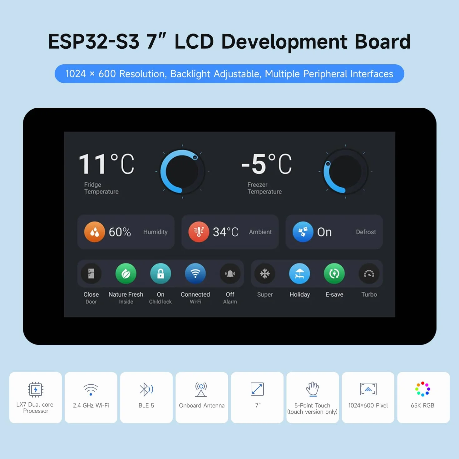 Waveshare ESP32-S3 Display 7inch LCD Development Board 1024x600 32-bit LX7 Dual-Core 240MHz Wi-Fi BT Touch