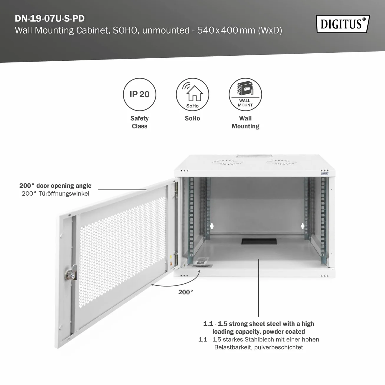 DIGITUS Armoire réseau 19 Pouces 7U Montage Mural 400 mm Profondeur 60 kg Porte perforée