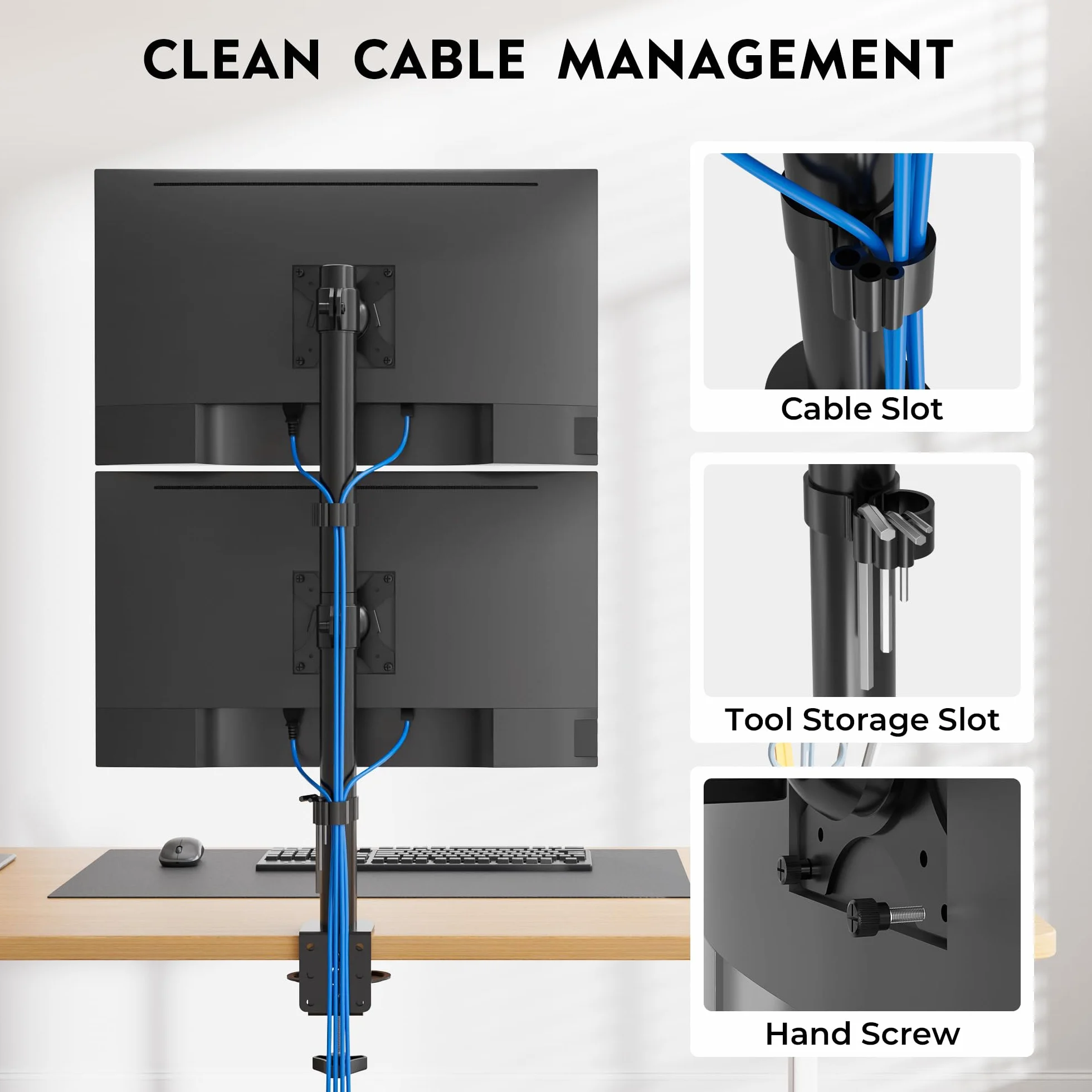 BONTEC Support Ecran PC Double Vertical pour 2 Moniteurs 13-34 Pouces, Bras Articule VESA 75x75/100x100mm, 10kg, Rotation 360, Inclinaison ±15°, Pince en C
