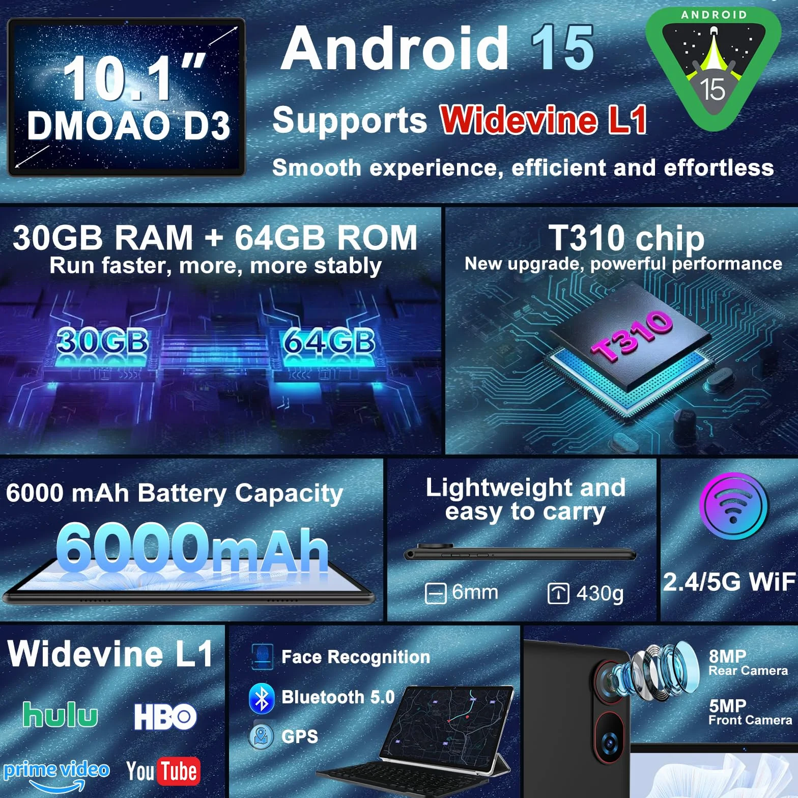 Tablette 10 Pouces Android 15 30 Go RAM 2 To ROM Expansion Widevine L1 5G Wi-Fi Gemeni AI 8 Cœurs GPS FHD Tactile Clavier Souris Noir