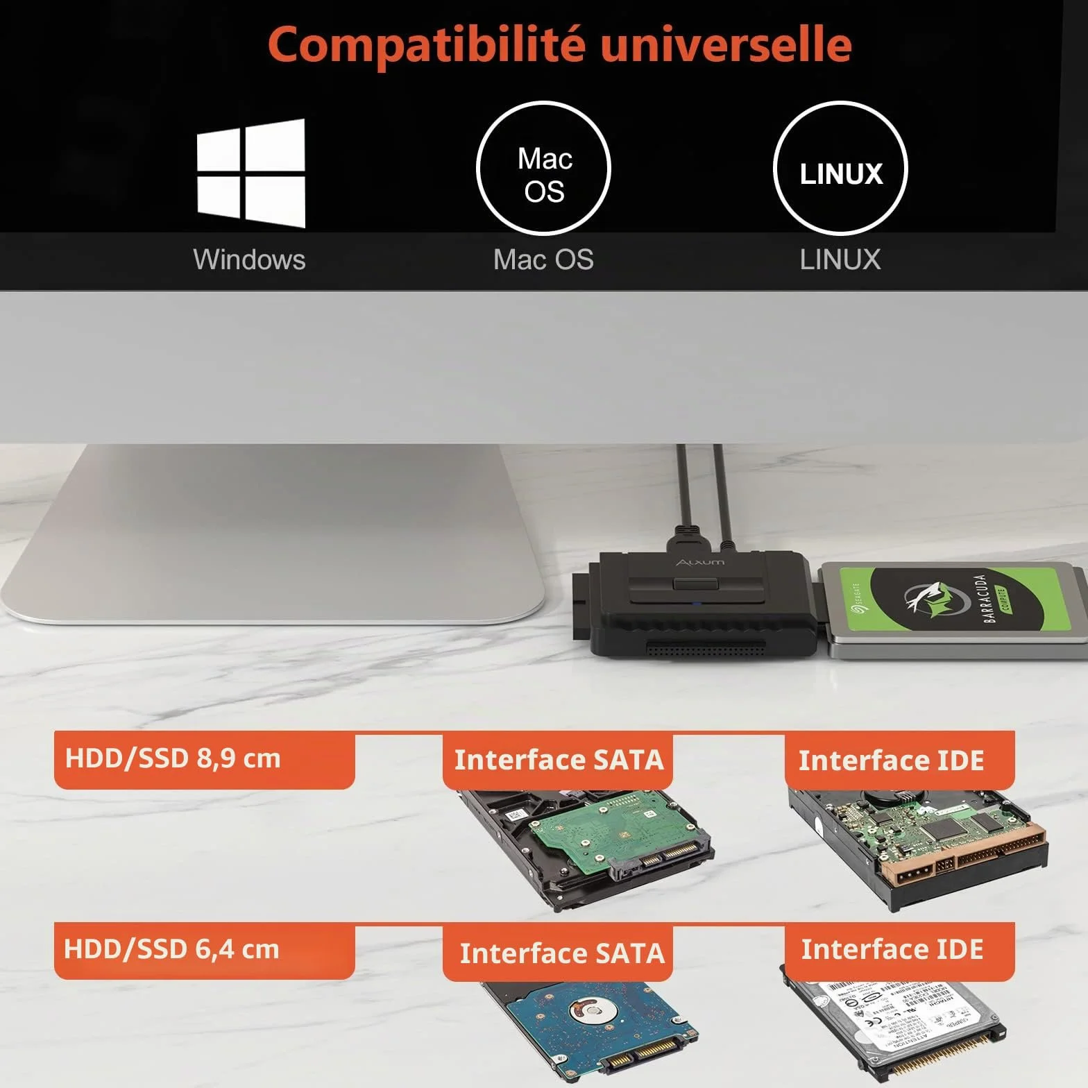 Alxum Adaptateur USB 3.0 vers IDE/SATA Disque Dur 2.5/3.5 Pouces HDD SSD avec Alimentation DC 12V 2A