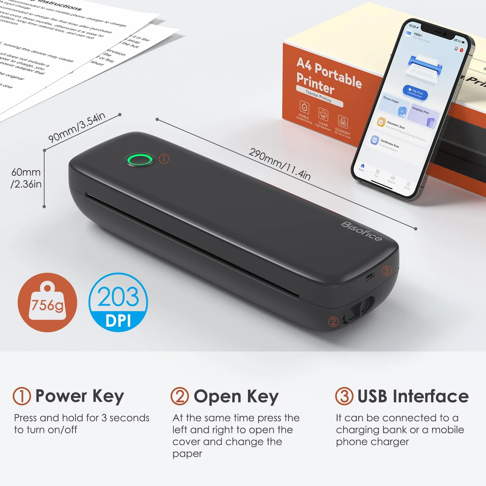 Bisofice L81 Imprimante Thermique A4 Portable Bluetooth sans Encre Compatible Android iOS Noir