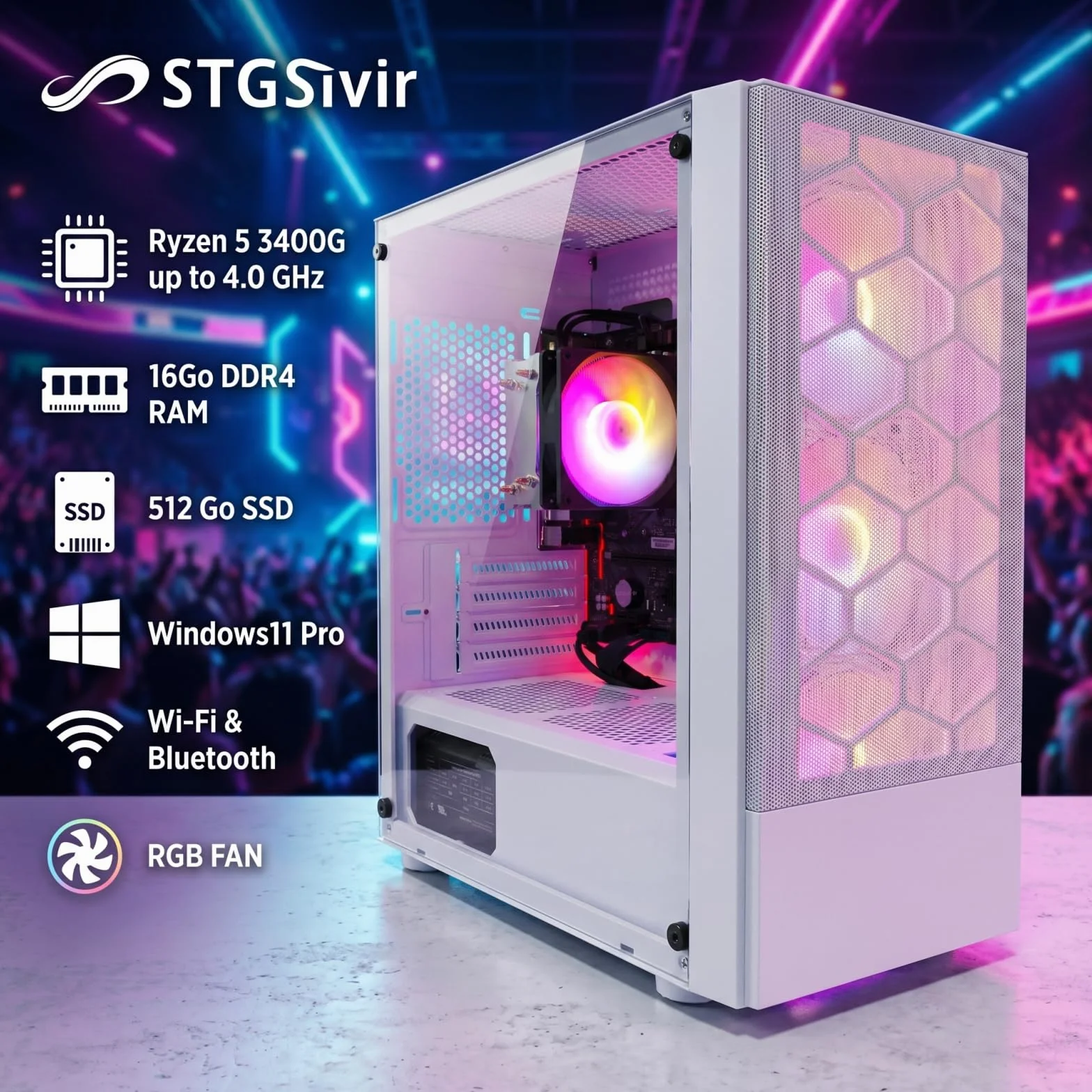 PC Ordinateur de Bureau Ryzen 5 3400G 16Go DDR4 RAM 512Go SSD WiFi6 BT 5.0 Windows 11 Pro