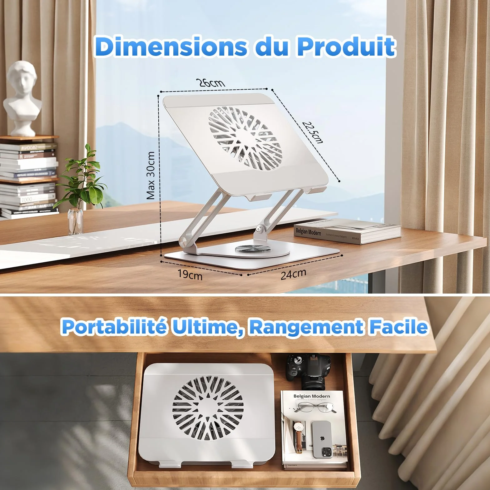 ICARE Support Ordinateur Portable avec Ventilateur Magnétique Rotation 360° Capacité 10 KG 18dB Argent