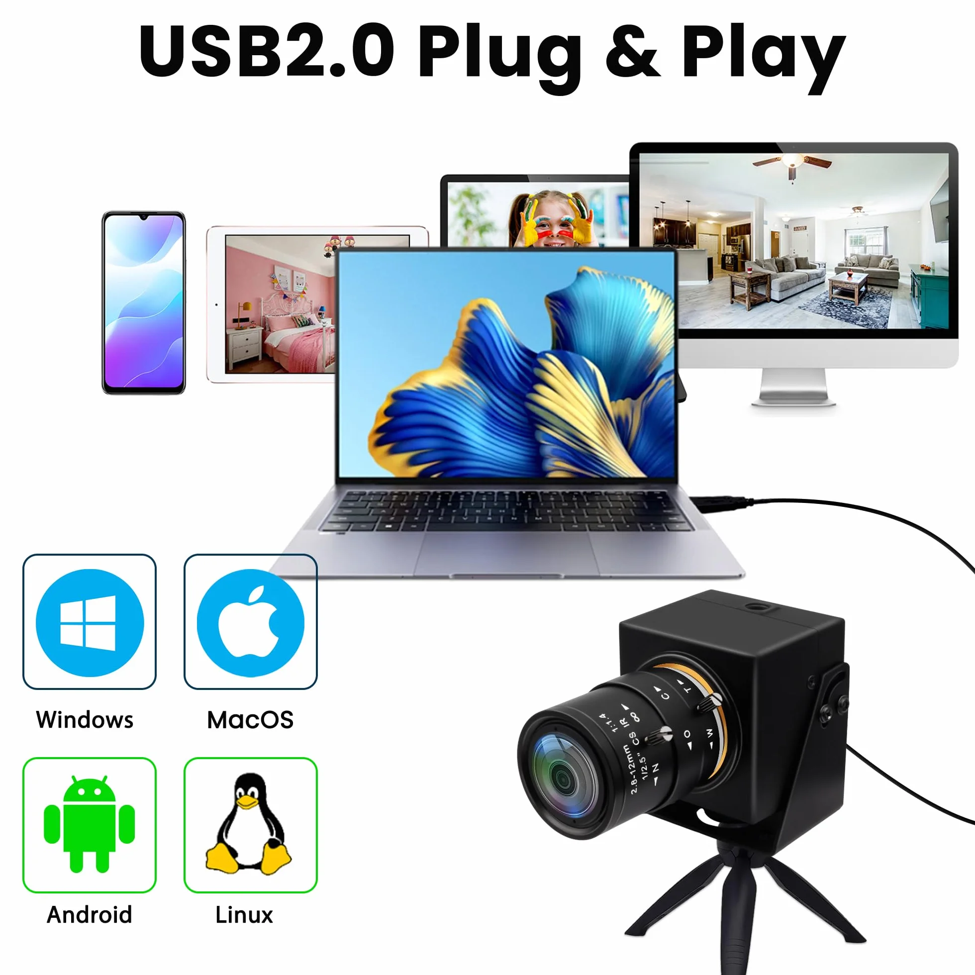 SVPRO Global Shutter Caméra USB 1200P 90 fps Objectif Zoom 2,8-12 mm Mise au Point Manuelle Webcam Golf Industrielle Plug and Play