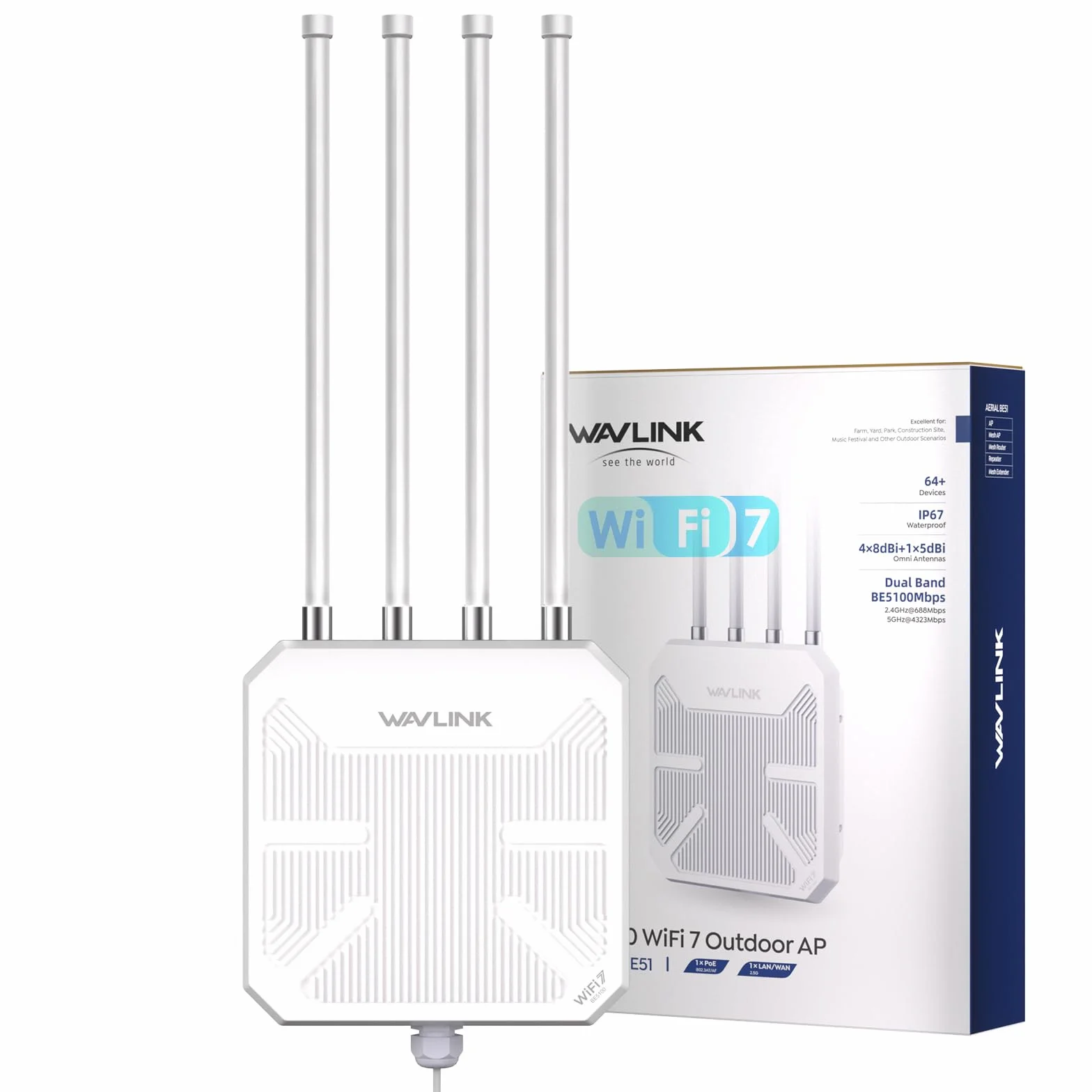 Routeur WiFi 7 WAVLINK Extérieur BE5100 Mesh IP67 Étanche PoE Antennes 8dBi Longue Portée