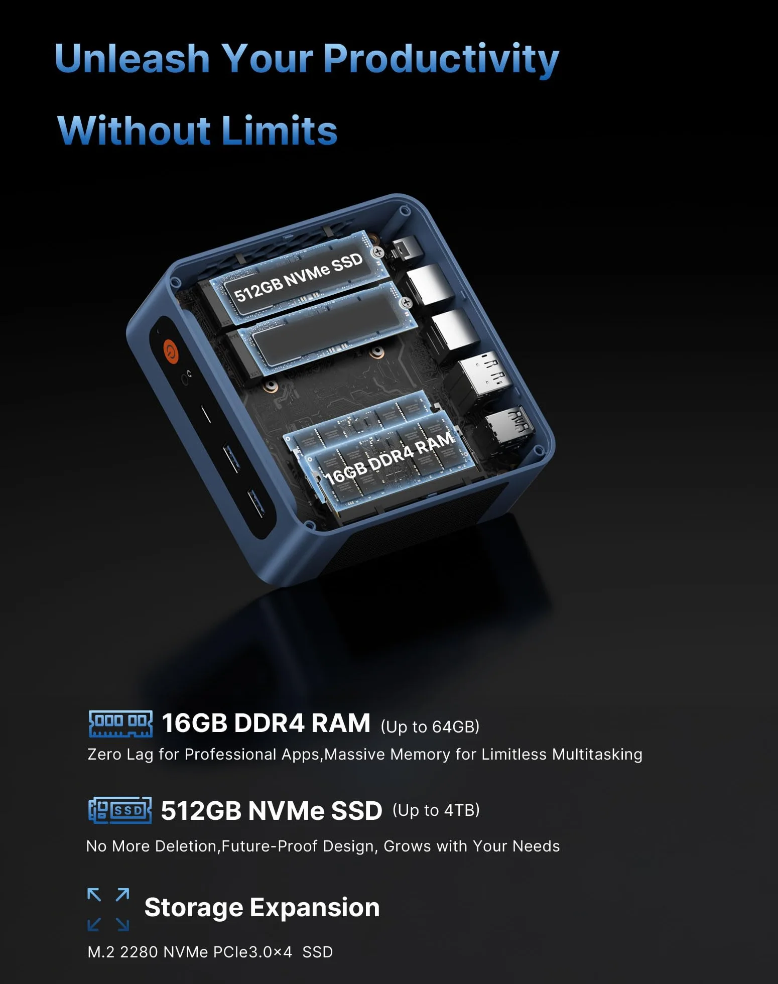 BOSGAME E5 Mini-PC Ryzen 5300U 16Go DDR4 512Go SSD PCIe3.0 Double RJ45 LAN Triple Affichage Wi-Fi5 BT5.0