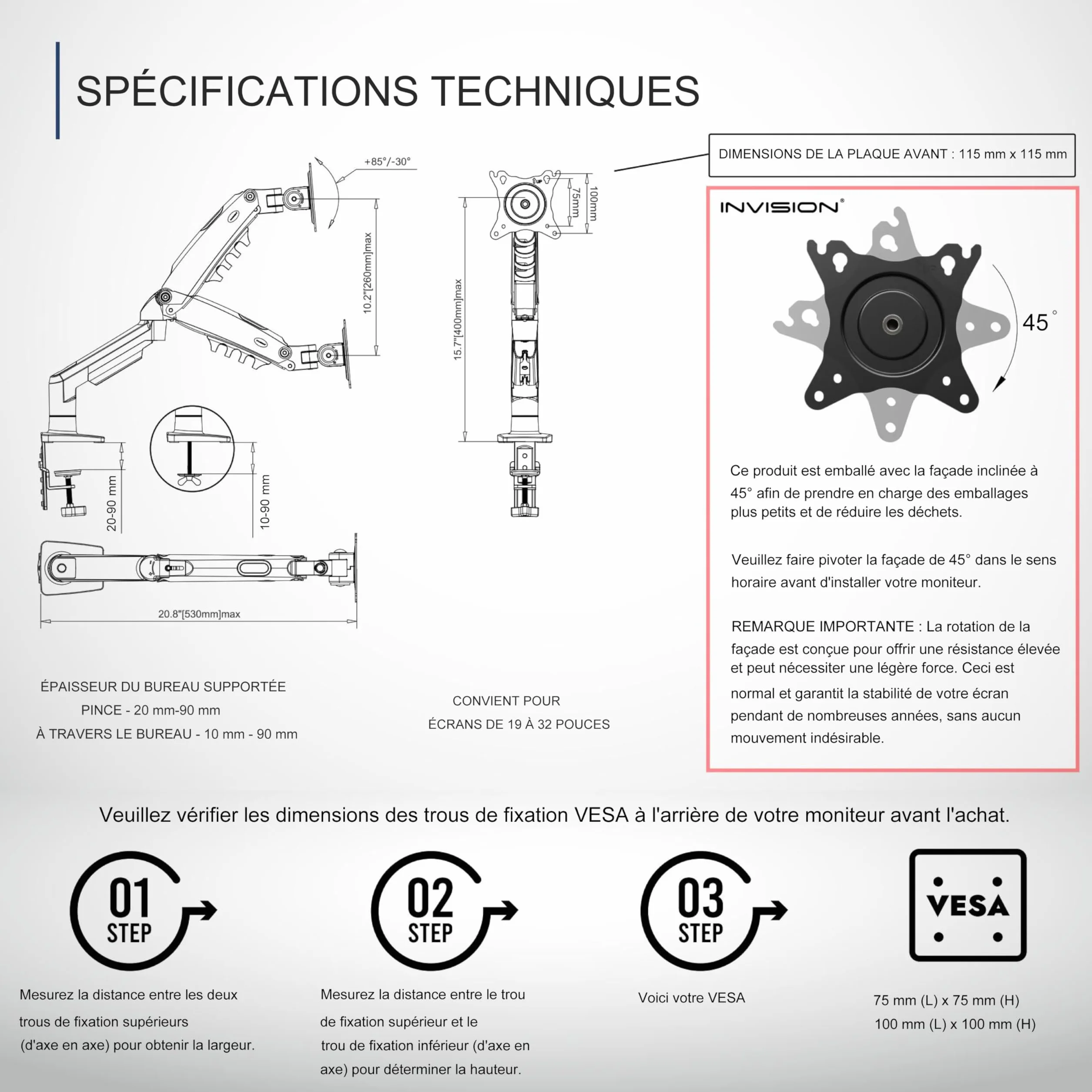 Invision Support Écran PC 19-32 Pouces Bras VESA 75/100mm Réglage Hauteur Incline Pivote Tourne Pince Bureau 2-9kg MX200
