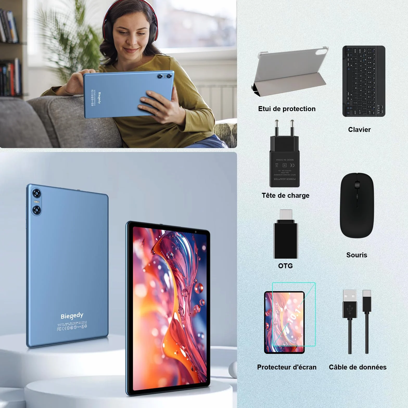 Tablette 10 Pouces Android 20Go RAM 128Go ROM Octa-Core 5G WiFi 6 Widevine L1 GMS GPS BT 5.0 6000mAh - Bleu