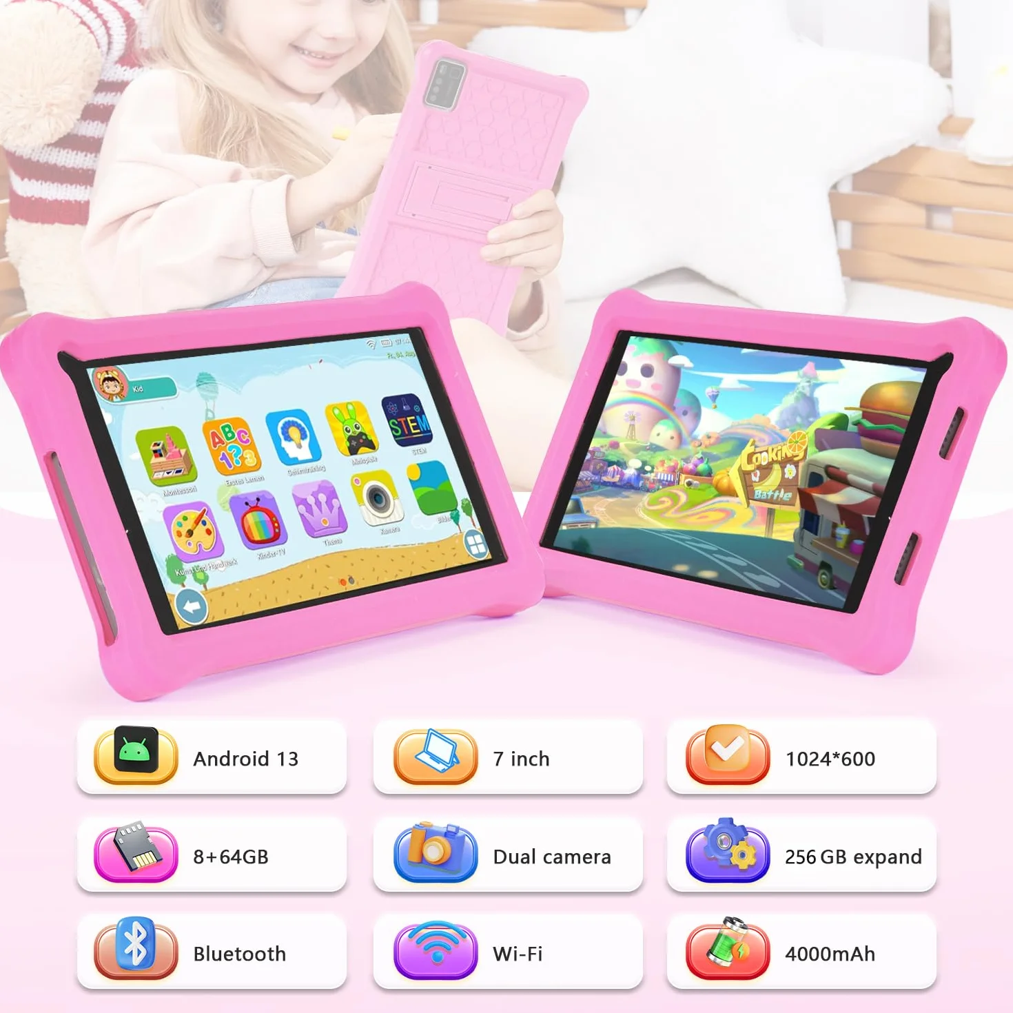Tablette Enfants 7 Pouces Android Éducative 8Go RAM 64Go ROM TF 256Go Contrôle Parental Bluetooth WiFi Étui Antichoc EVA Rosa