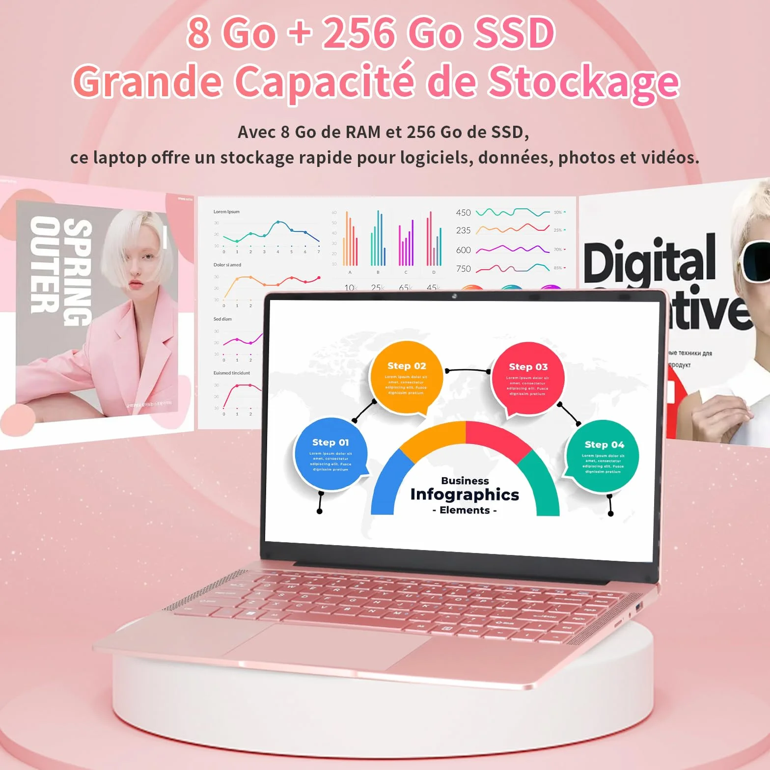 Ordinateur Portable 14 Pouces Celeron J4105 Win11 Pro 8 Go DDR4 IPS 1920x1080 AZERTY Or Rose 8GB+256G SSD