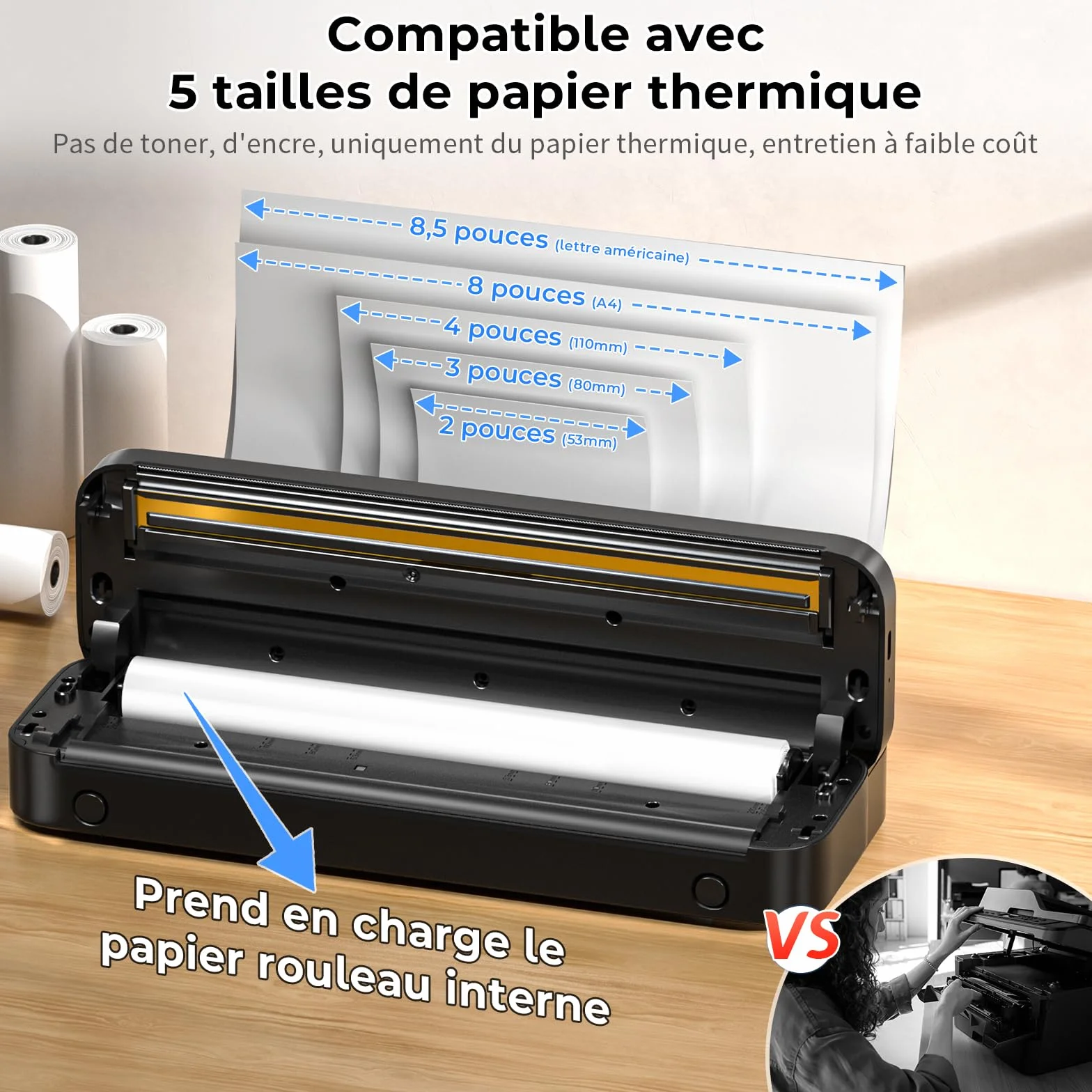 Imprimante Thermique A4 Portable Bluetooth 300 dpi sans Encre pour Voyage