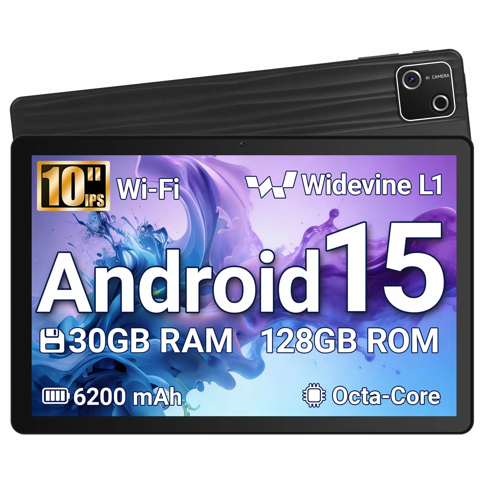 Tablette 10 Pouces Android 15 30Go RAM 128Go ROM Octa-Core 6200mAh WiFi 6 BT 5.3 Noir