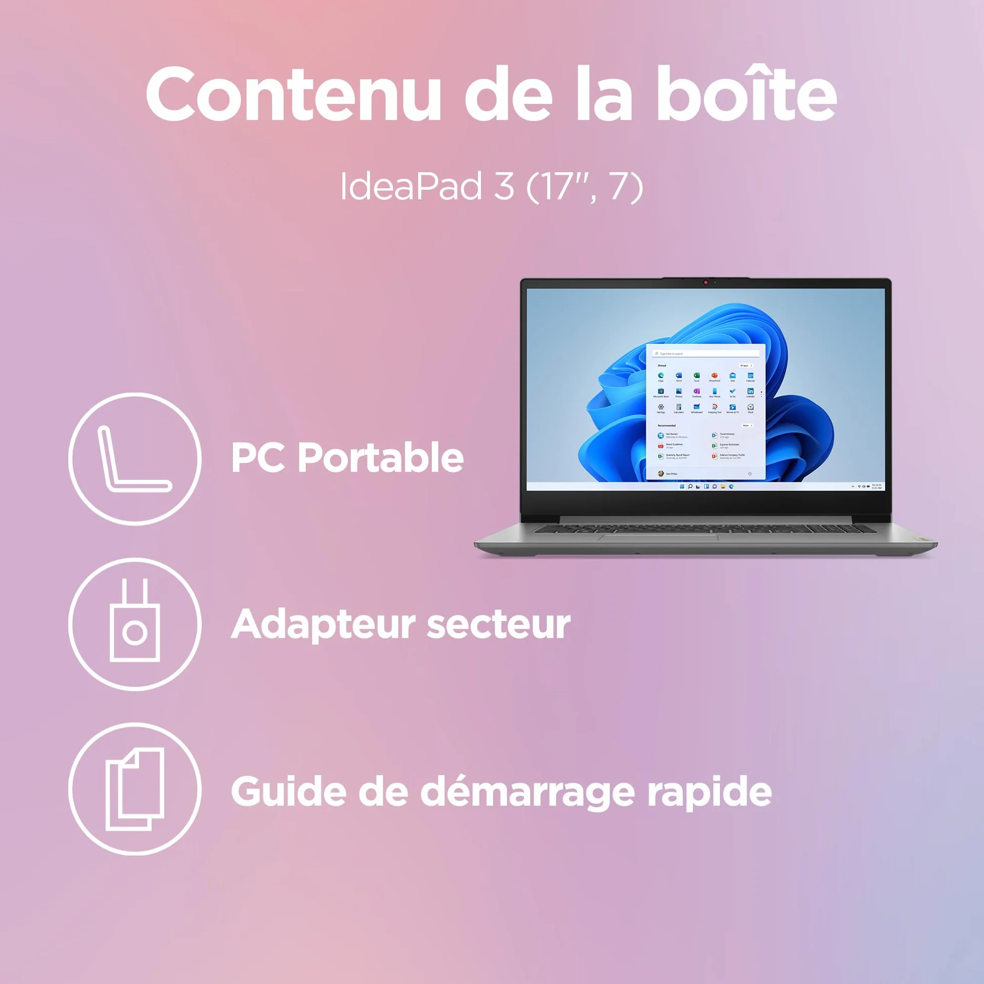 Lenovo IdeaPad 3 17ABA7 Ordinateur Portable 17.3" HD+ AMD Ryzen 5 5625U RAM 8Go SSD 512Go AMD Radeon Windows 11 Home Clavier AZERTY Français Gris