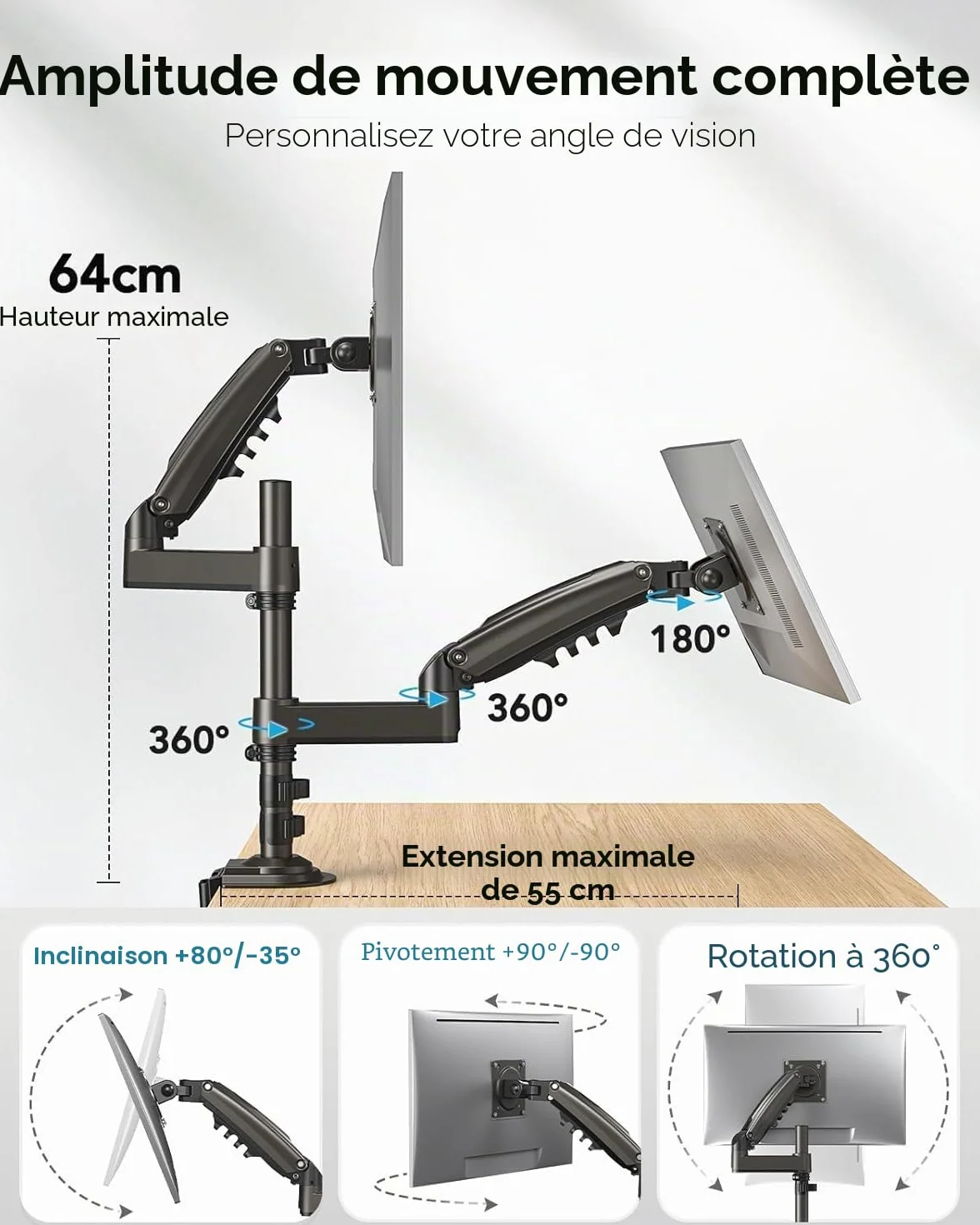 HUANUO Support Écran PC 2 Écrans 13-32 Pouces, Bras Gaming Réglable en Hauteur, VESA 75x75/100x100mm