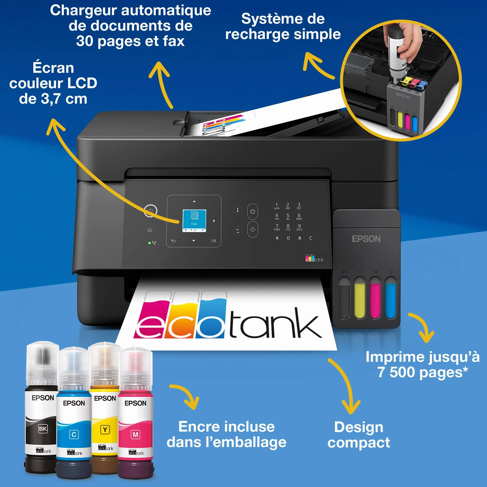 Epson EcoTank ET-4900 Imprimante A4 Wi-Fi Ethernet Copie Numérisation Fax Écran LCD Chargeur Automatique 30 Pages