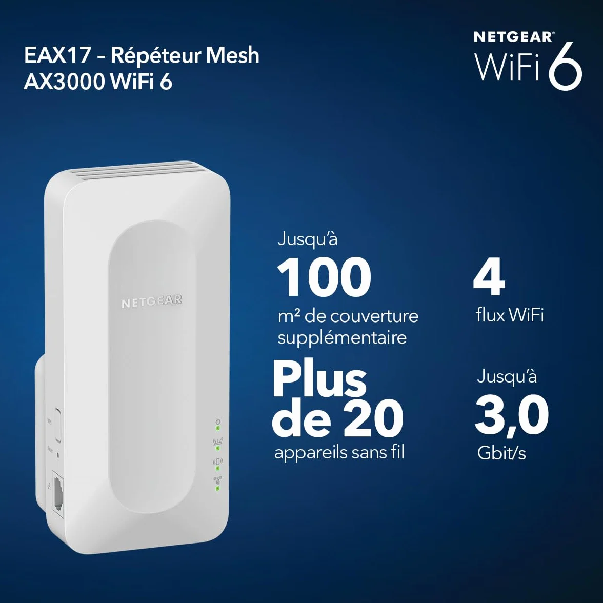 NETGEAR Répéteur WiFi 6 Mesh EAX17, Amplificateur AX3000, 3 Gbps, Couvre 140 m²