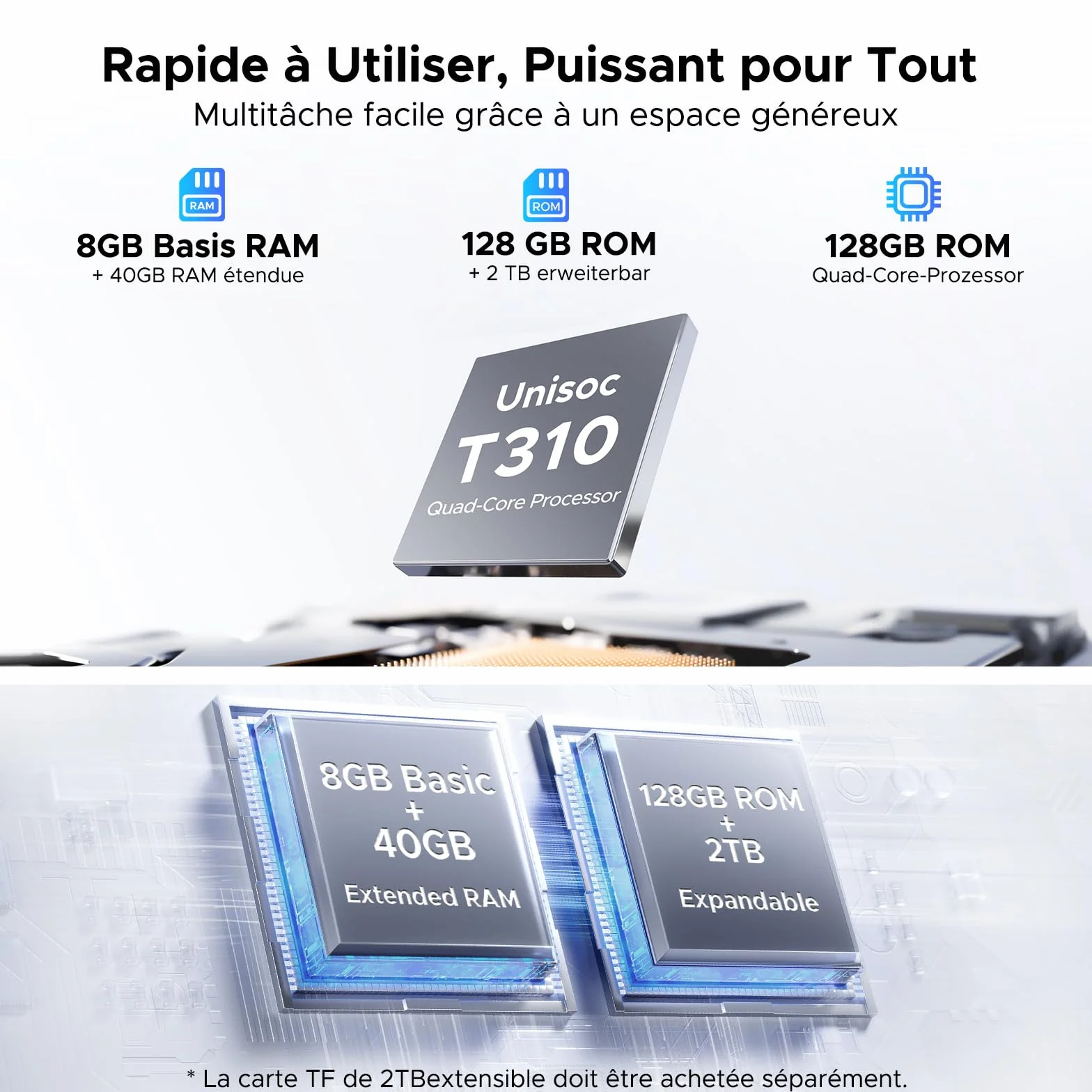 Tablette Android 16 10 Pouces 48Go RAM 128Go ROM 2To TF Gemini AI 90Hz 7000mAh WiFi 5 Face ID OTG Widevine L1 Jack 3,5mm Clavier Stylet
