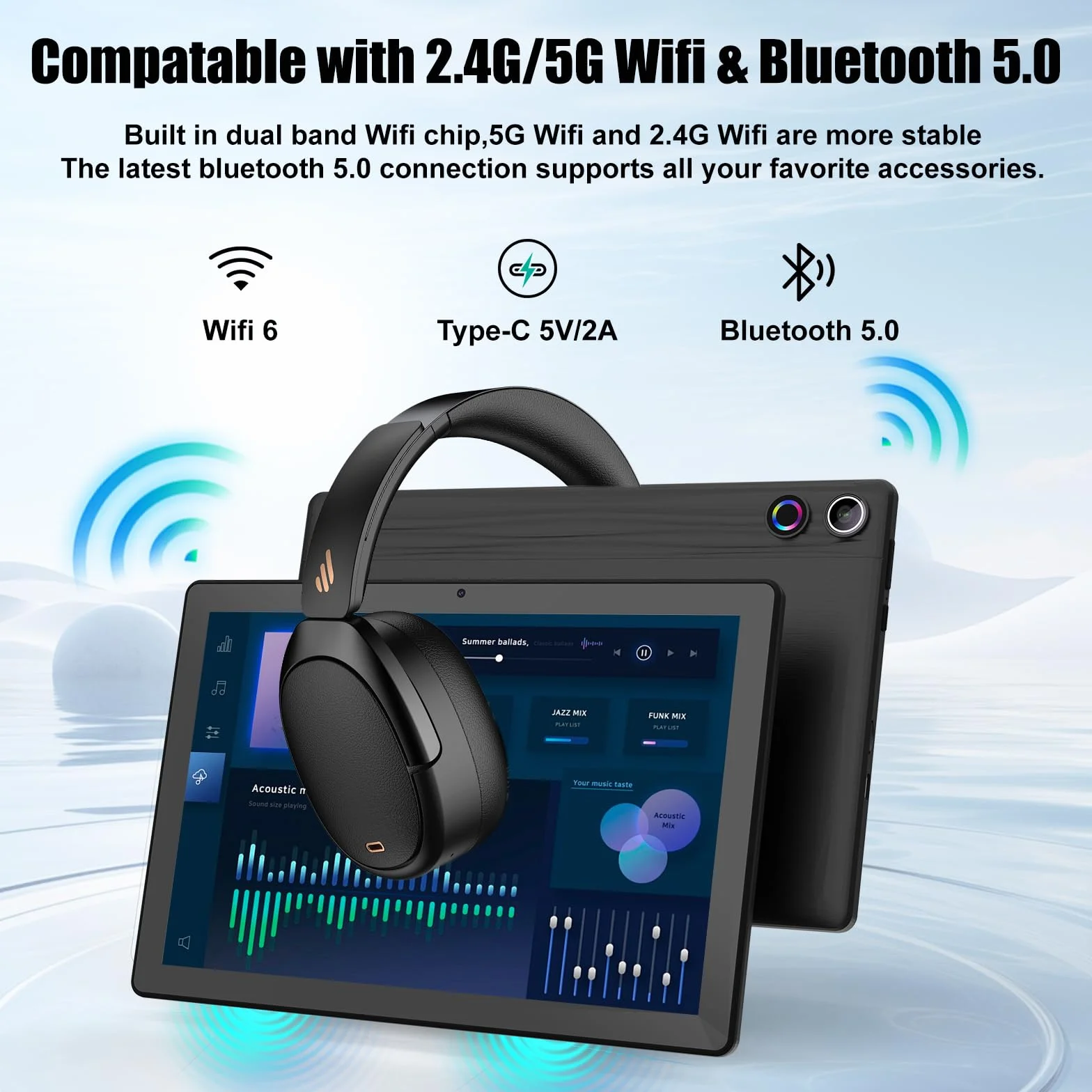 Ainmel Tablette 11 Pouces Android 14 Octa Core 2.0GHz 16GB RAM 128GB ROM 5G+2.4G WiFi 6 8+5MP Camera 6800 mAh Bluetooth 5.0 Noir