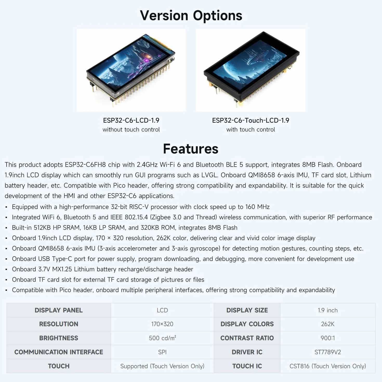 Waveshare ESP32-S3 1.9inch Display Development Board 170x320 Pixels 262K Color 32-bit LX7 Dual-Core 240MHz Touch Function