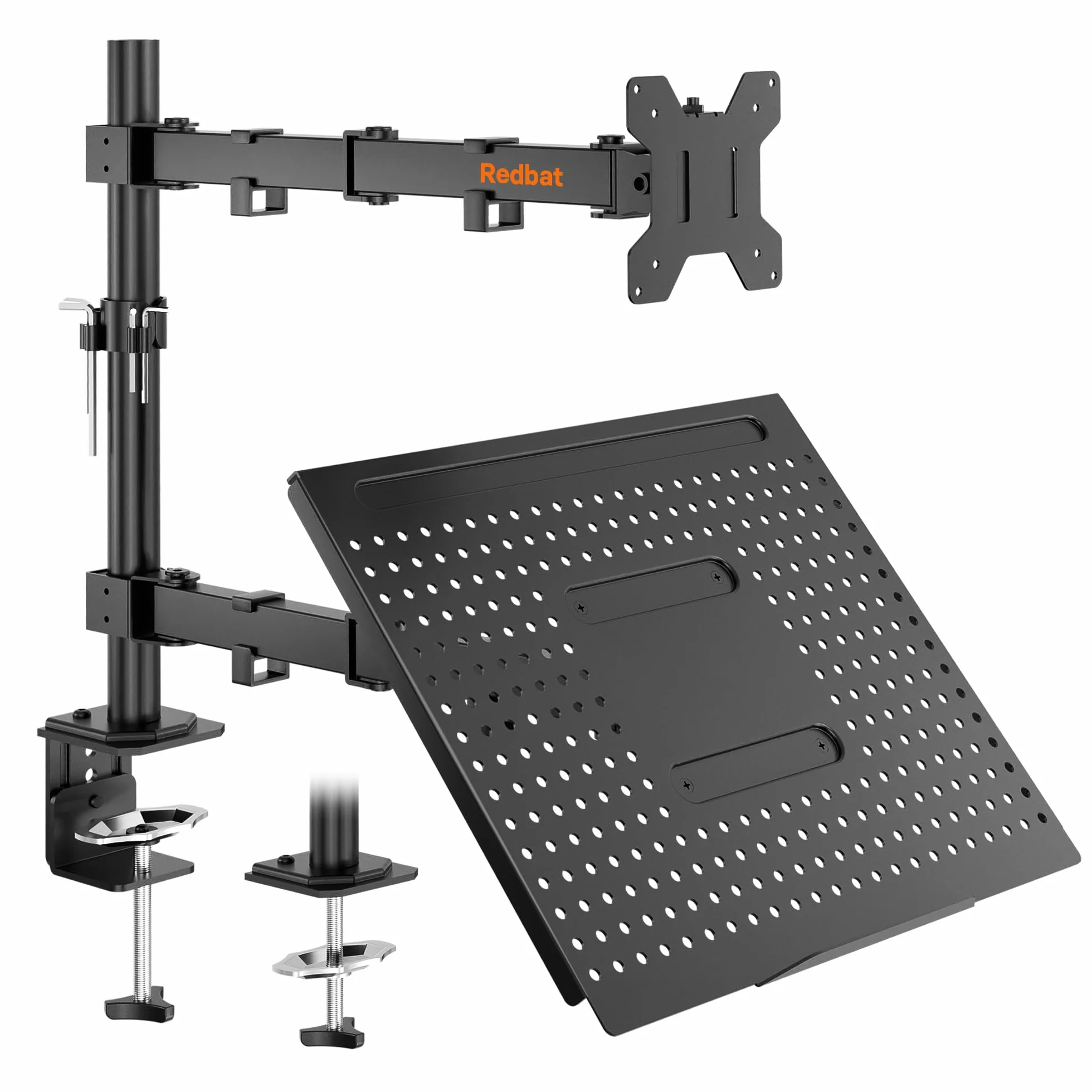Redbat Support Écran PC avec Plateau pour PC Portable 13-32 Pouces, Ordinateur Portable jusqu'à 16", Pivotant et Rotation, 2 Options de Montage