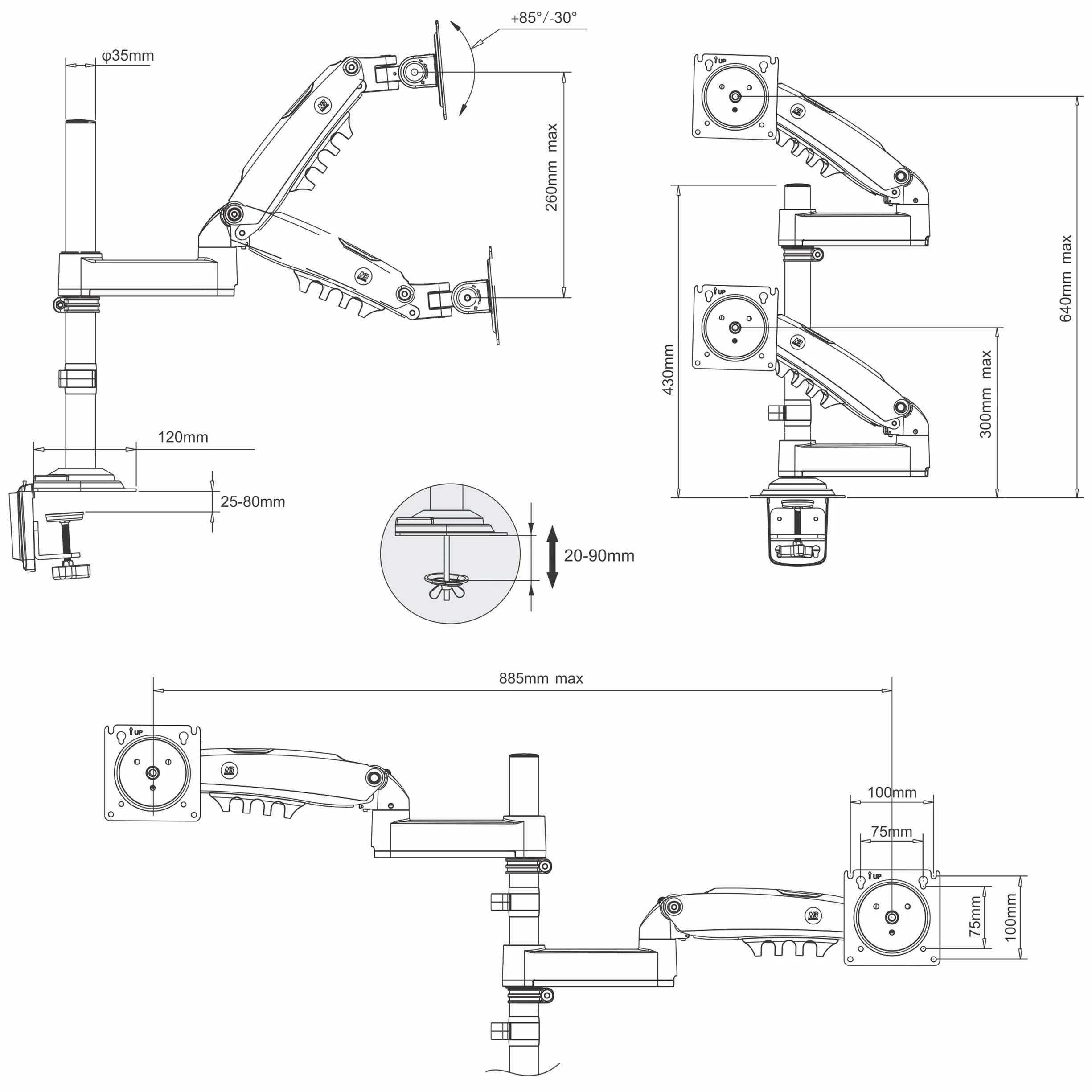 Support bureautique avec Ressort à gaz pour Deux écrans LCD 17″ – 27″ (43 cm – 69 cm) jusqu’à 9 kg