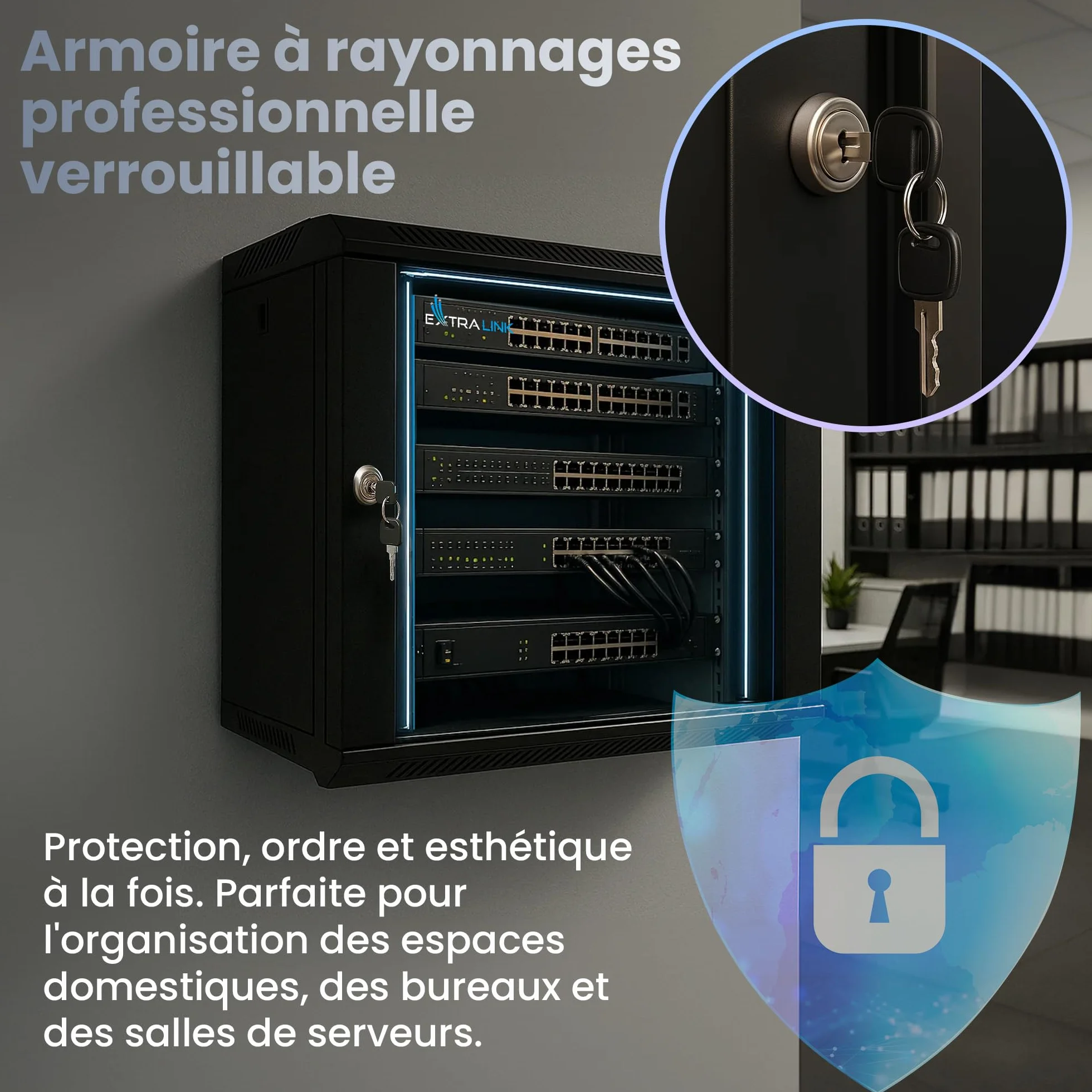 Extralink Baie de Brassage 19 Pouces 6U Armoire réseau 450mm Profondeur Montage Mural ou au Sol, Charge 60kg, Porte Verre trempé, Noir