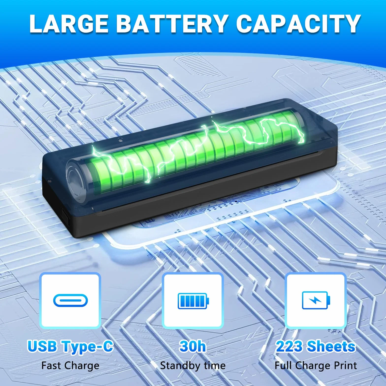 Imprimante Thermique A4 sans Fil Bluetooth Portable pour Voyage Compatible iOS Android Noir