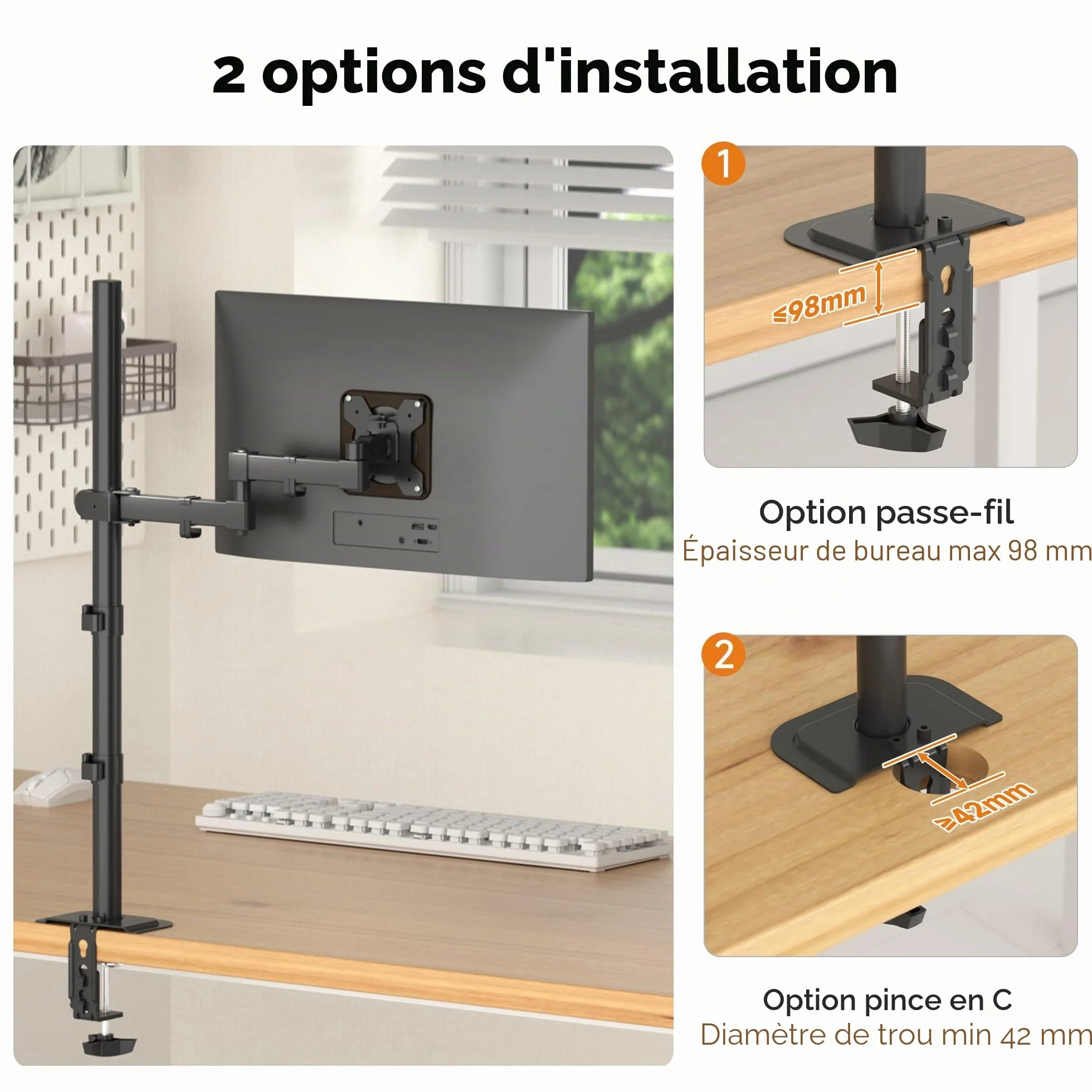 Bras Écran PC Bracwiser pour Moniteurs 13-32 Pouces, VESA 75/100 mm, Réglable en Hauteur 80cm, Rotation 360°, Pivotement 90°, Charge Max 10 kg