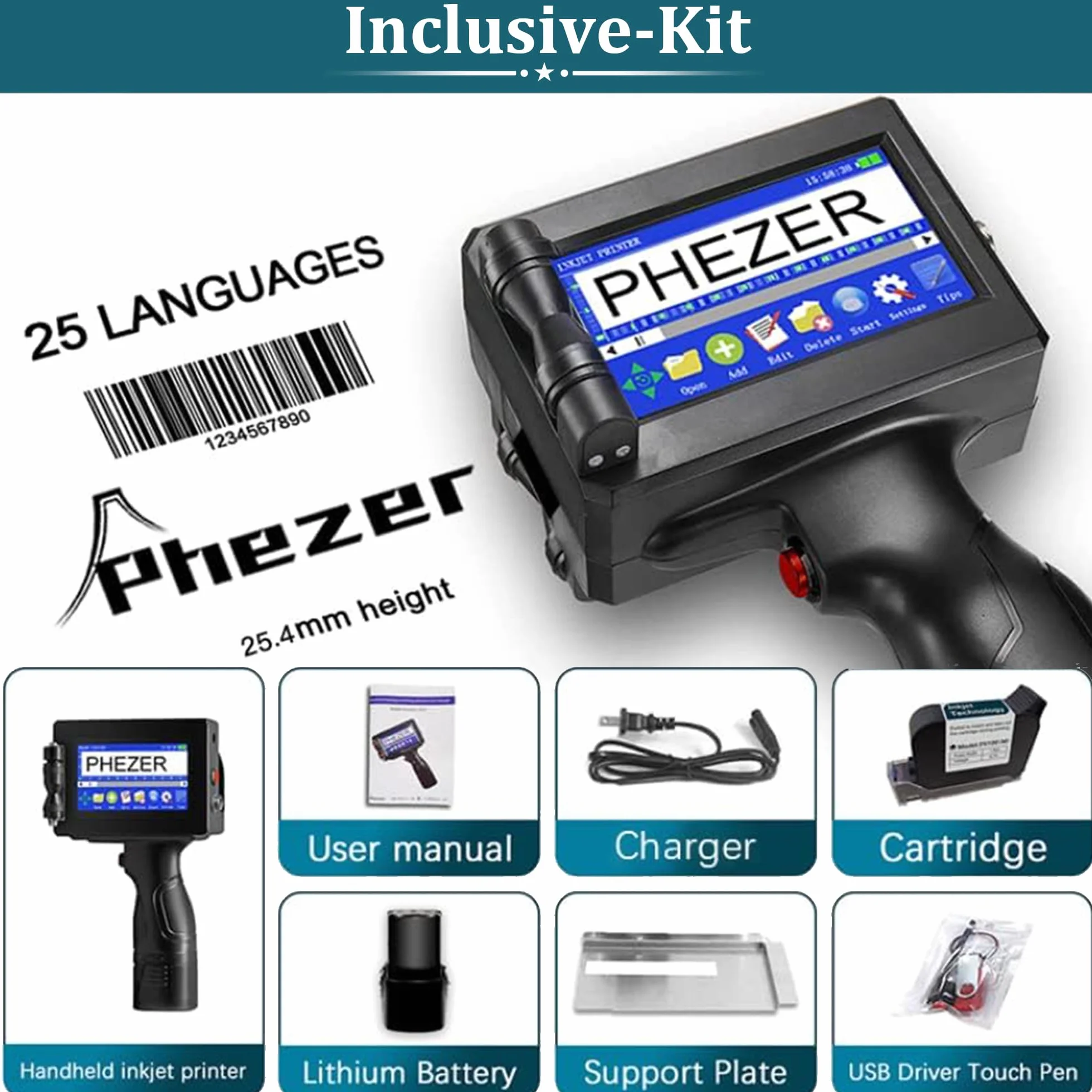 Phezer Imprimante à Jet d’Encre Portative 1 Pouce/25,4 mm Modèle P15-1 pour Code-Barre, Logo, Numéro de Lot