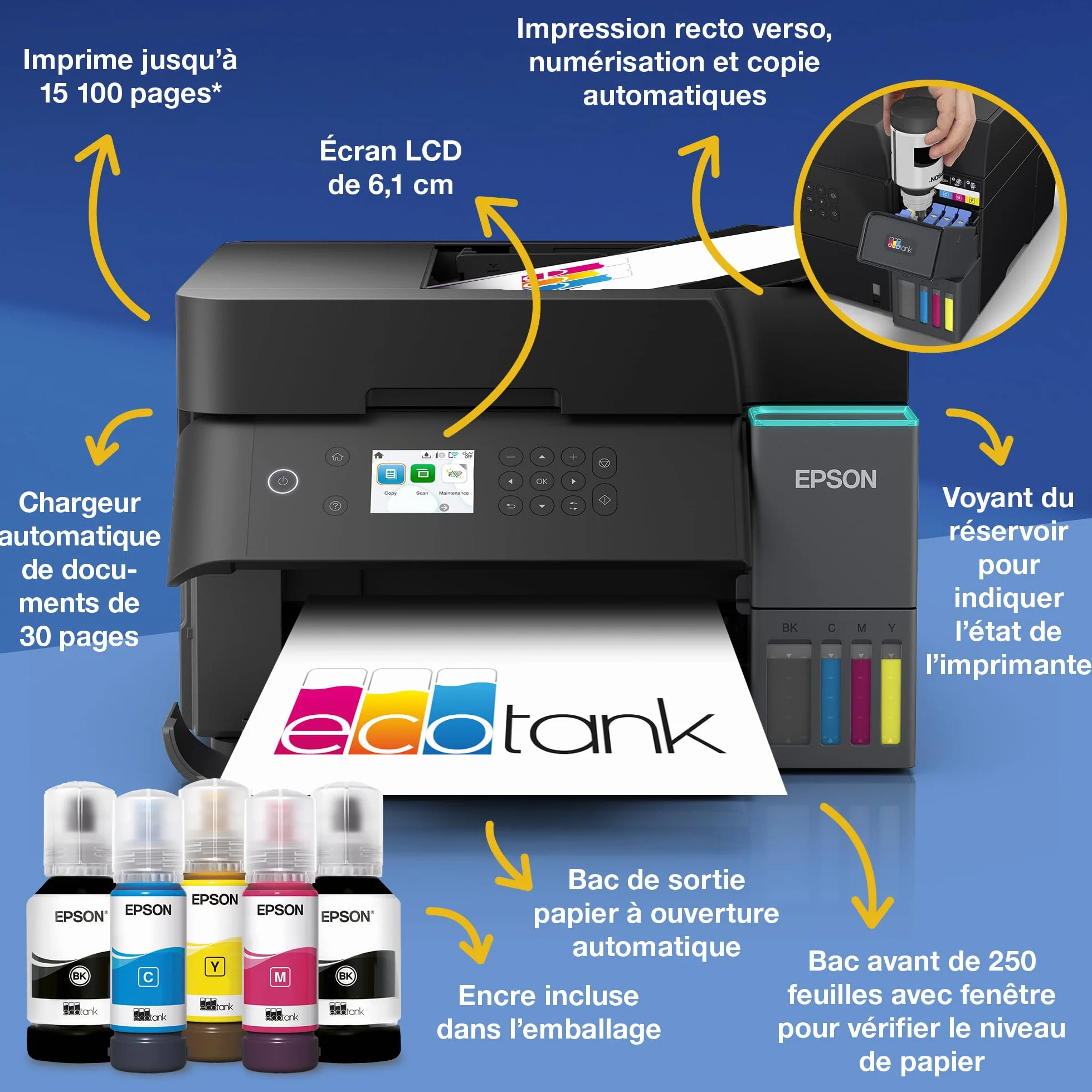 Epson EcoTank ET-3950 Imprimante Multifonction A4 Wi-Fi Recto Verso Auto Écran LCD ADF 35 Feuilles