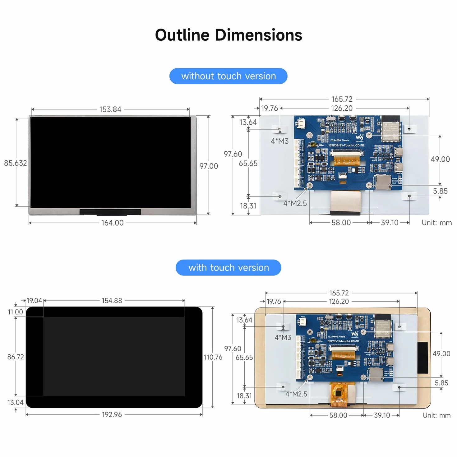 Waveshare ESP32-S3 Display 7inch LCD Development Board 1024x600 32-bit LX7 Dual-Core 240MHz Wi-Fi BT Touch