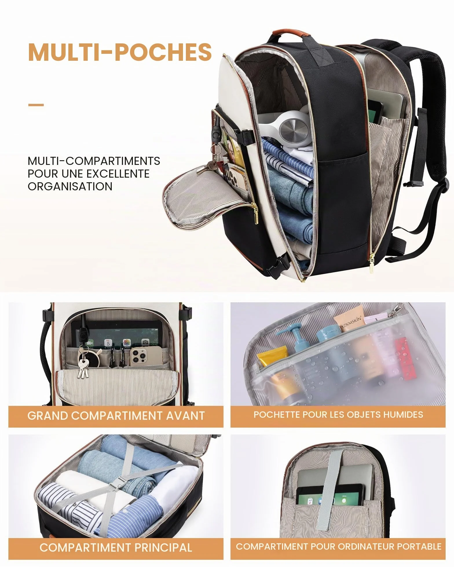 LOVEVOOK Sac à Dos Voyage Cabine Avion 45x36x20 Femme Homme Étanche Ordinateur Portable