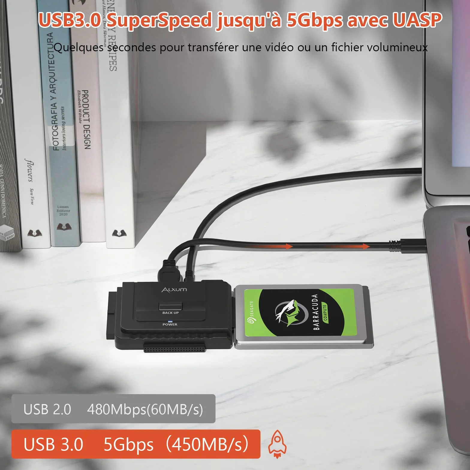 Alxum Adaptateur USB 3.0 vers IDE/SATA Disque Dur 2.5/3.5 Pouces HDD SSD avec Alimentation DC 12V 2A