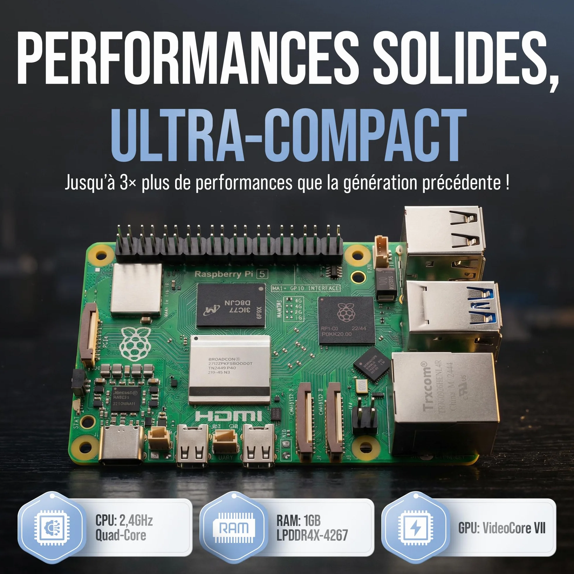 Raspberry Pi 5 1 Go Starter Kit Édition 64 Go Alimentation 27 W Boîtier Ventilateur Micro HDMI 4K Dissipateur alu