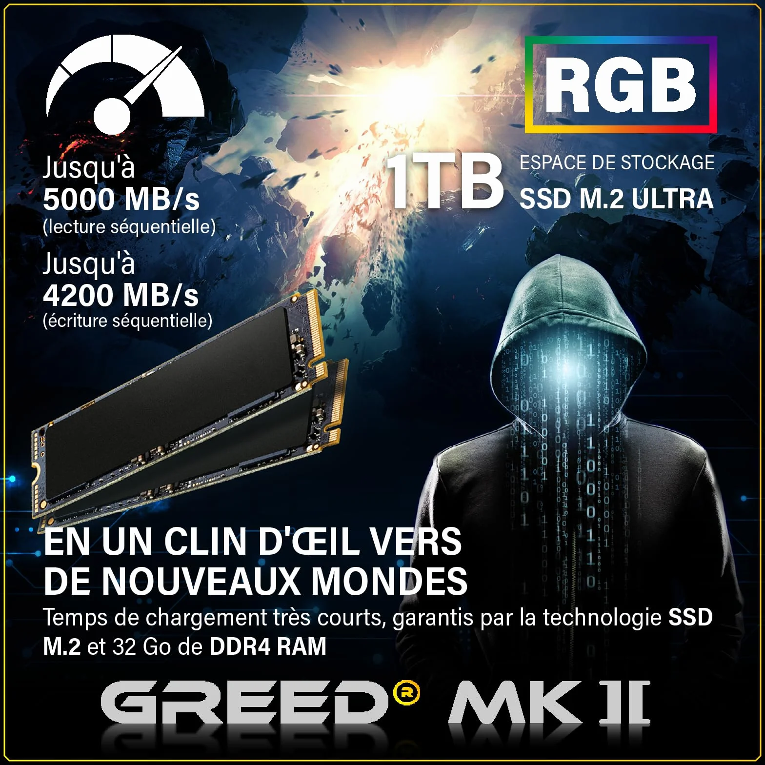 Greed MK2 PC Gamer AMD Ryzen 7 5700X Nvidia Geforce RTX 5060 Ti 8Go 4.6 GHz 32 Go DDR4 RAM 1 TB SSD WLAN W11 Pro
