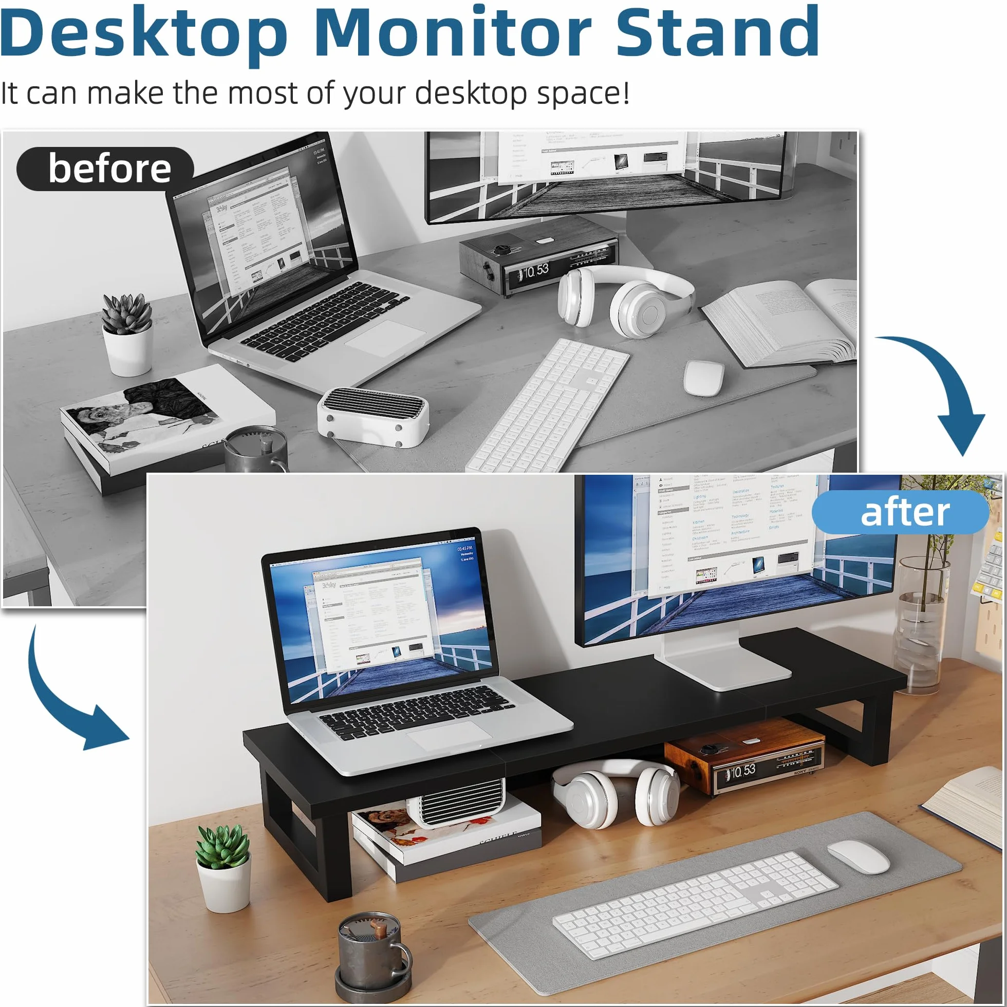 Rehausseur Ecran 91x26cm Support Double Ecran PC Bureau Ordinateur Noir