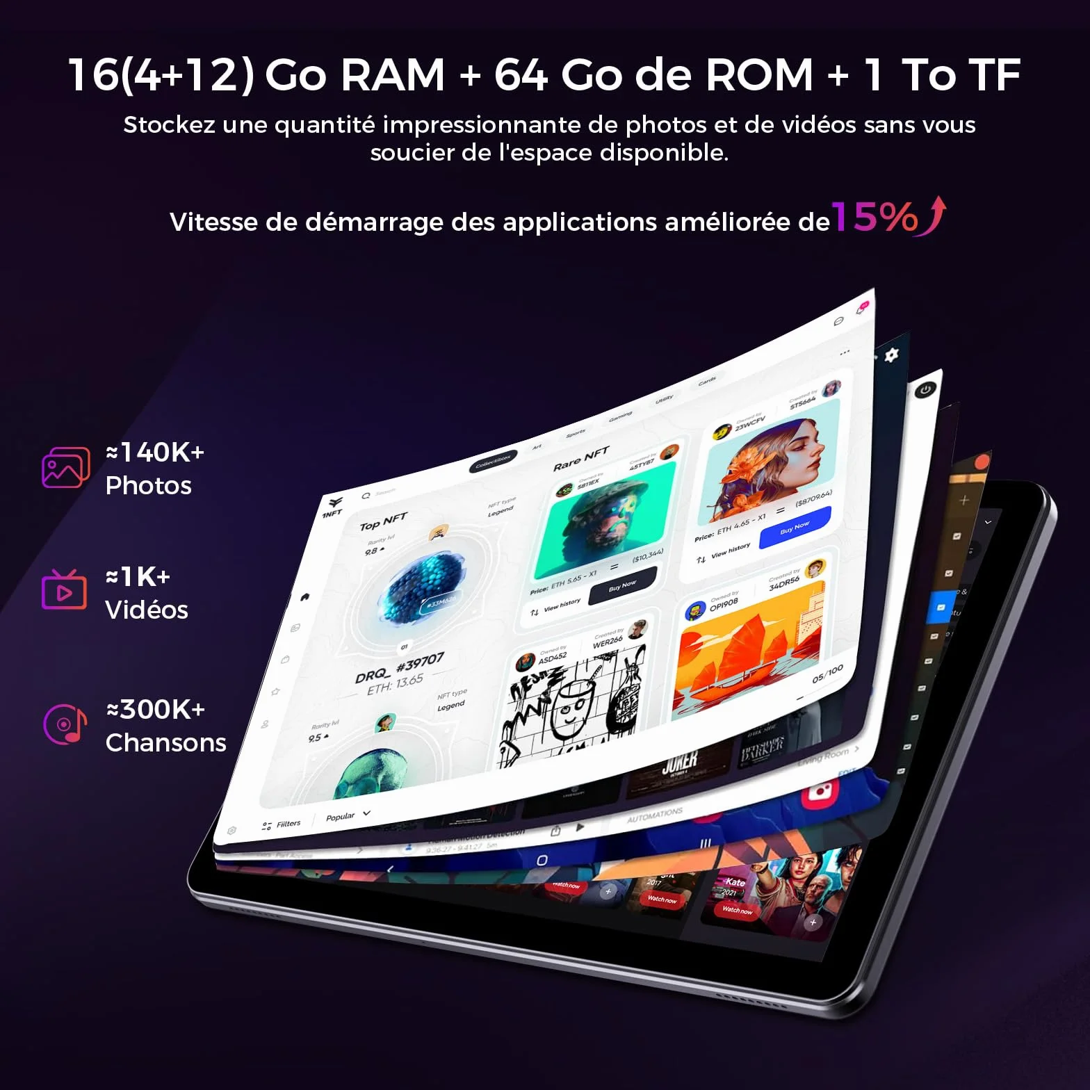 Tablette 10 Pouces Android 16 Gemini AI 16Go RAM 64Go ROM 1To TF Widevine L1 WiFi 6 BT 5.2 5000mAh Identification Faciale