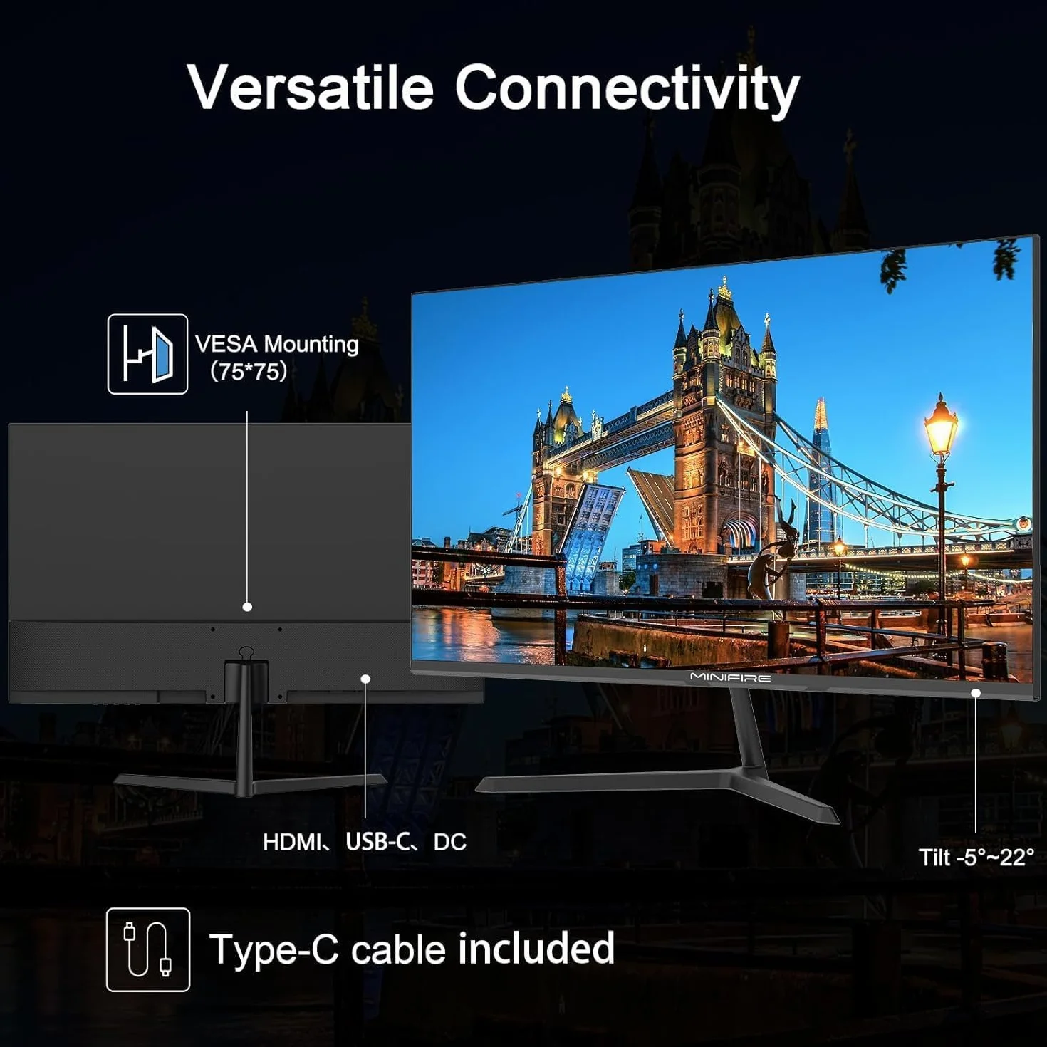 Minifire Écran PC 24 Pouces FHD 100Hz Adaptive-Sync USB-C HDMI 1.4 MF24X3AL