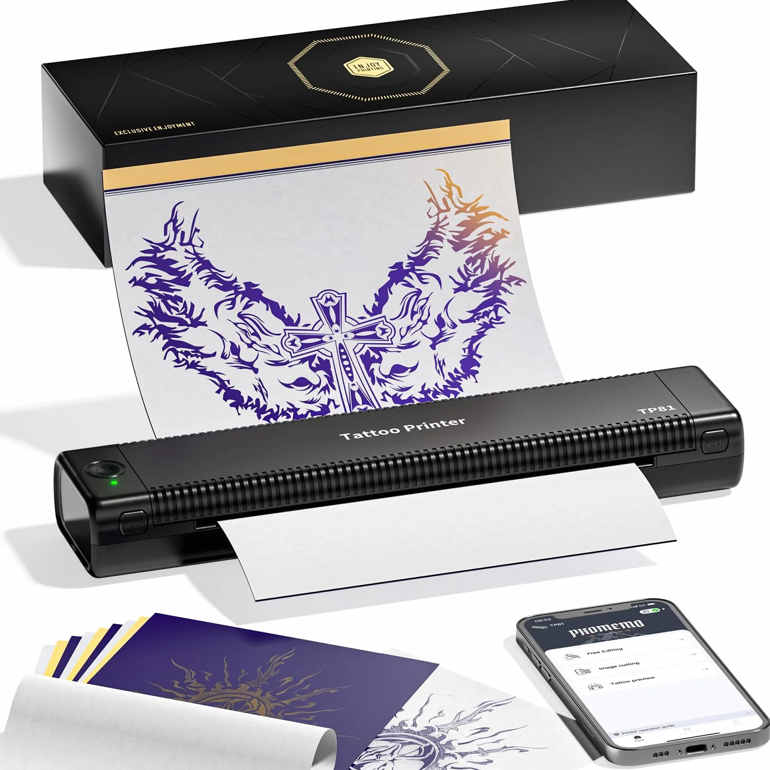 TP81 Imprimante Tatouage Thermocopieur avec 10 Feuilles A4 Papier Transfert, Compatible iPad & Phone & PC