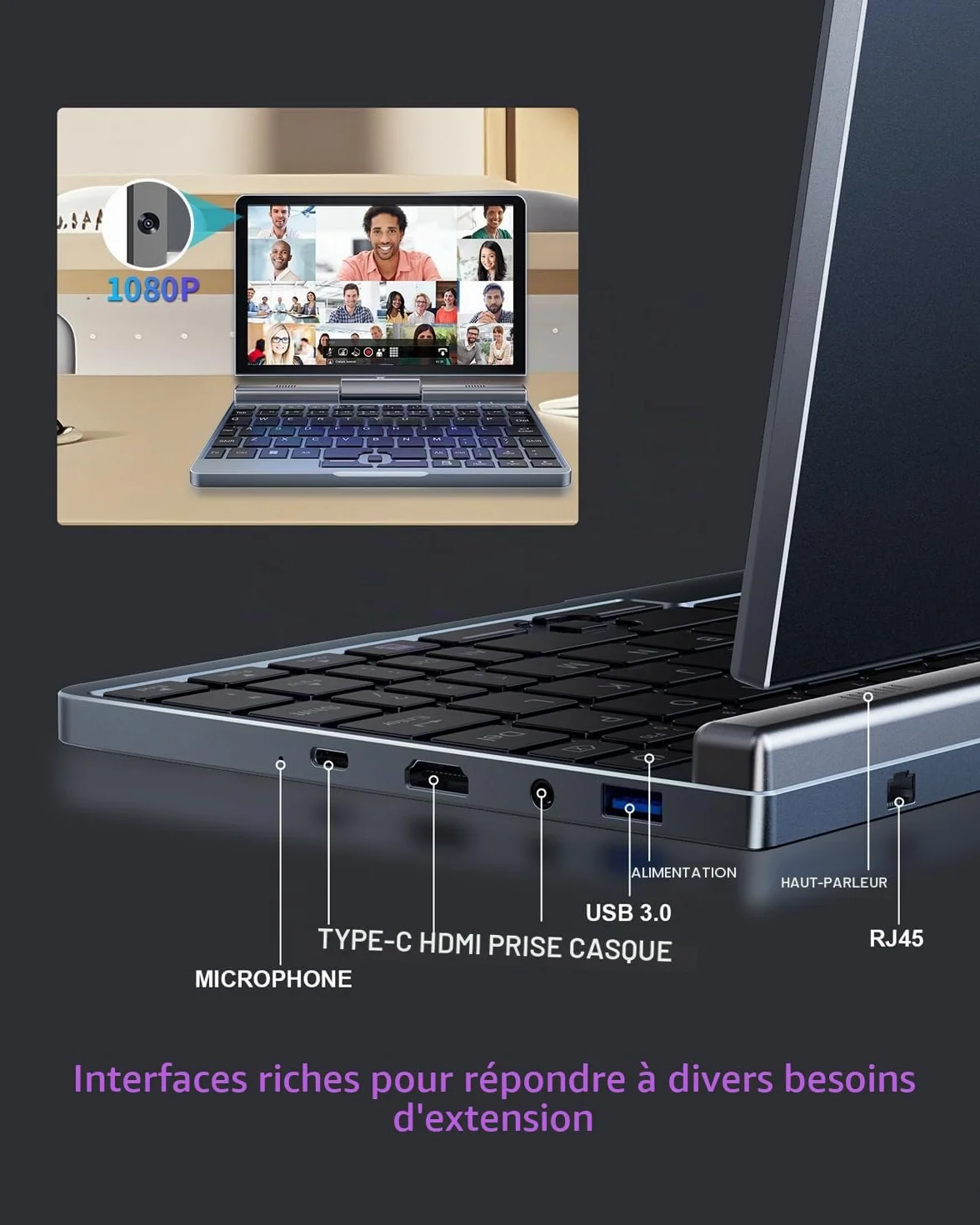 Mini Ordinateur Portable 2 en 1 N150 12 Go RAM 512 Go SSD écran Tactile Rotatif HD Windows 11 Pro