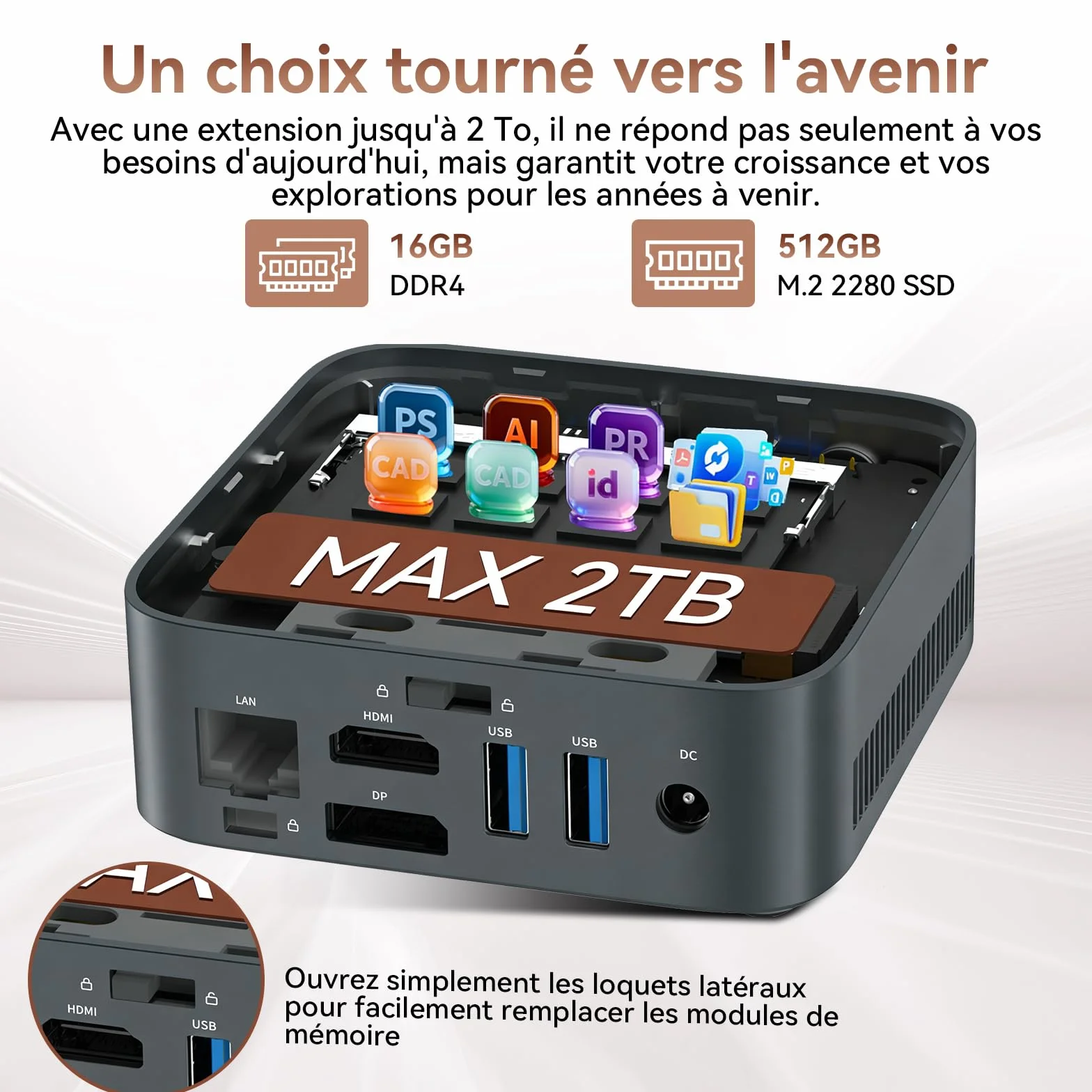Huidun H80 Mini PC AMD Ryzen 5 16Go RAM 512Go SSD 4K@60Hz UHD Win-11 Pro Ordinateur de Bureau WiFi BT USB 3.2