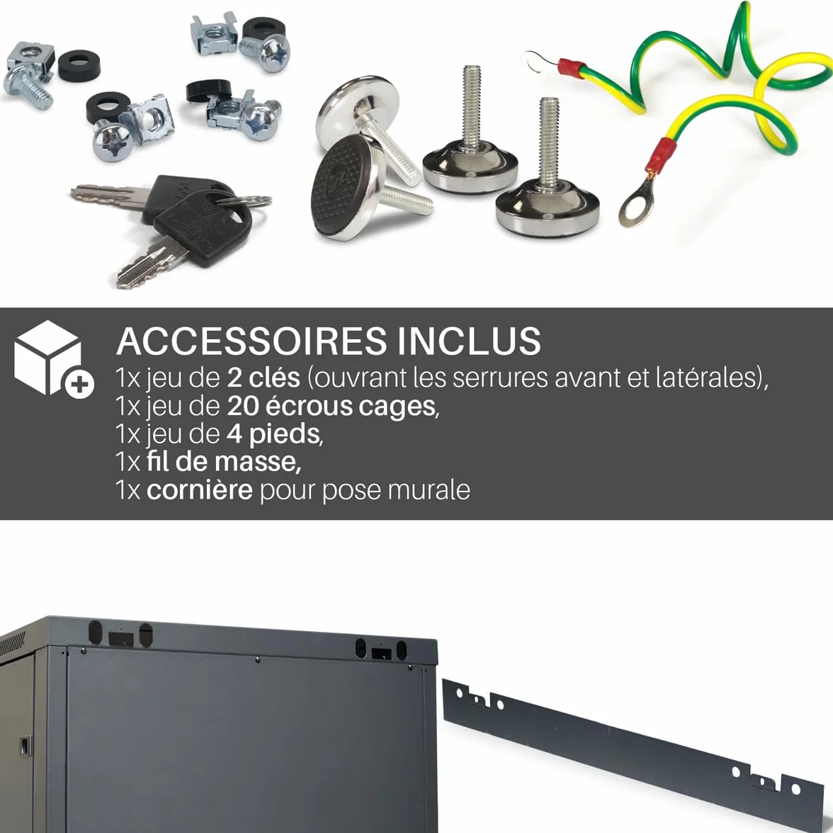 WAYTEX Coffret 19 Pouces 18U 600 x 600 mm Noir Porte vitrée à Serrure
