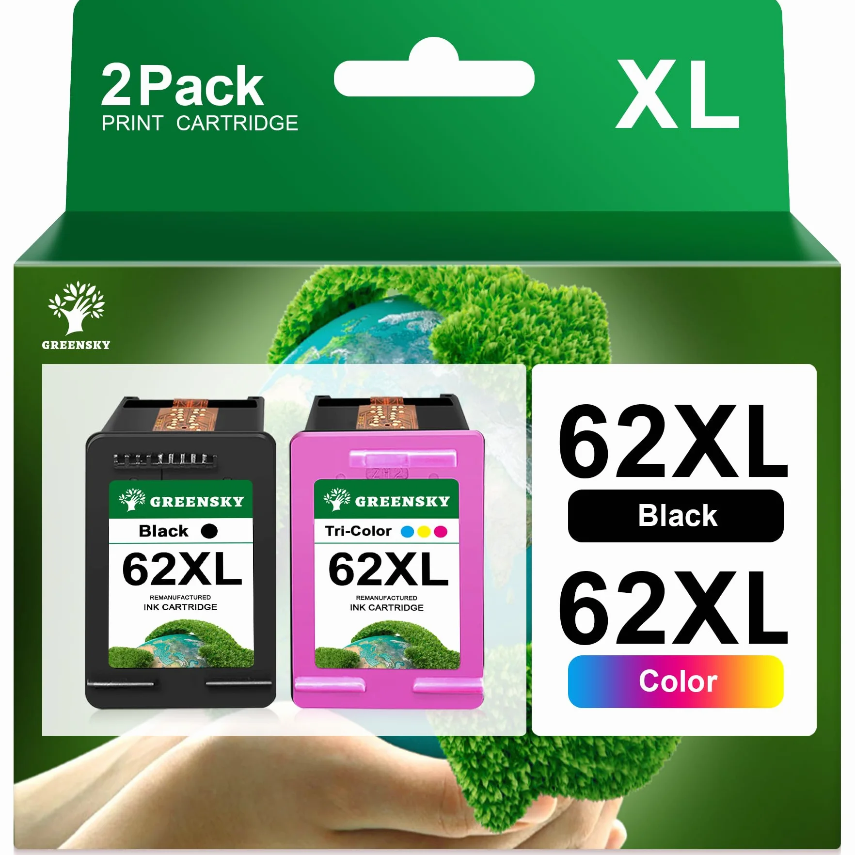 Cartouche d'encre GREENSKY 62XL Remanufacturé Compatible HP Envy 5640 OfficeJet 200 250 Noir Couleur